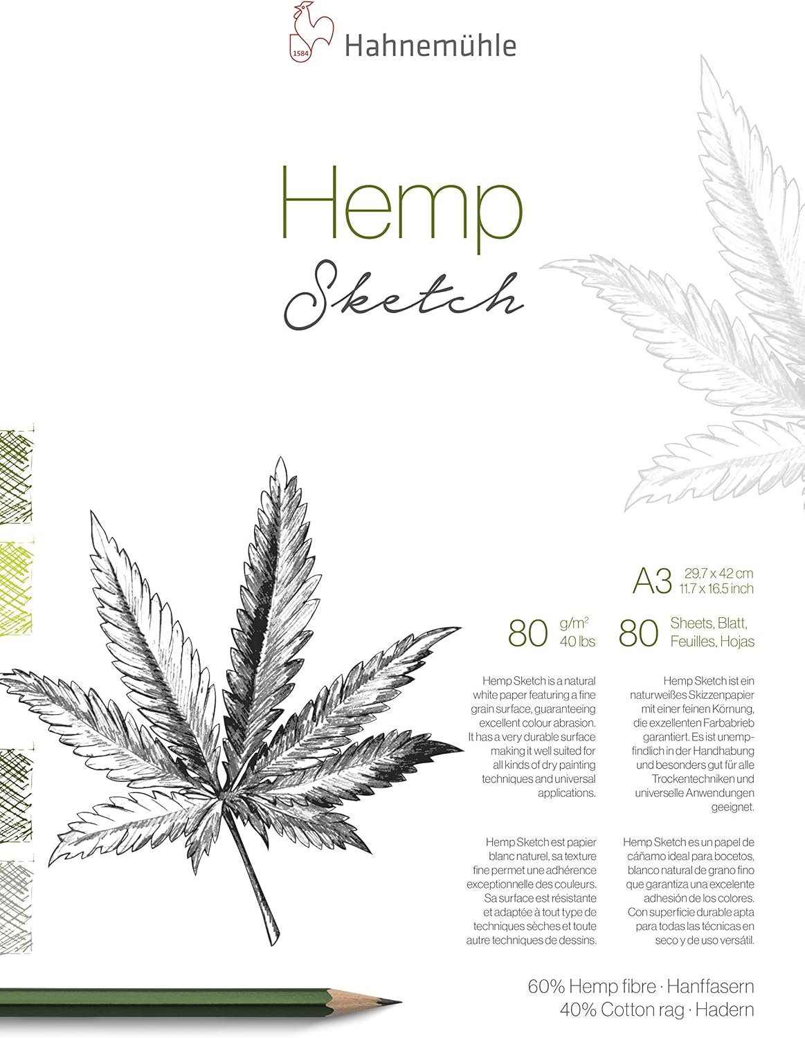 Hemp Sketch 80g/m², Sketch Notebook, A3, 80 fls