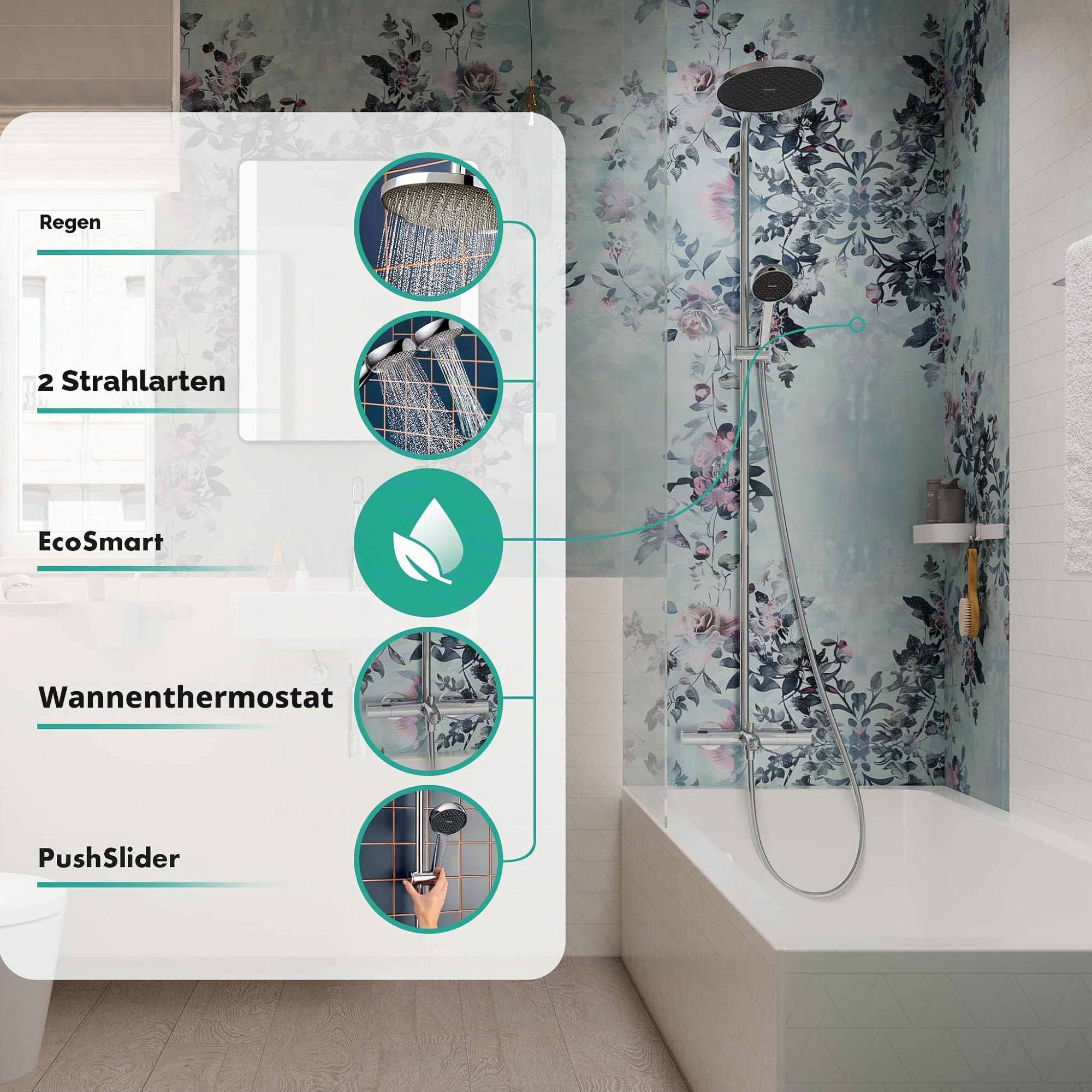 hansgrohe Activera S - wassersparendes Duschsystem (EcoSmart) mit Wannenthermostat, Regendusche mit Wannenarmatur, Handbrause (2 Strahlarten), Schlauch, Brausestange und Kopfbrause, Chrom, 28871000