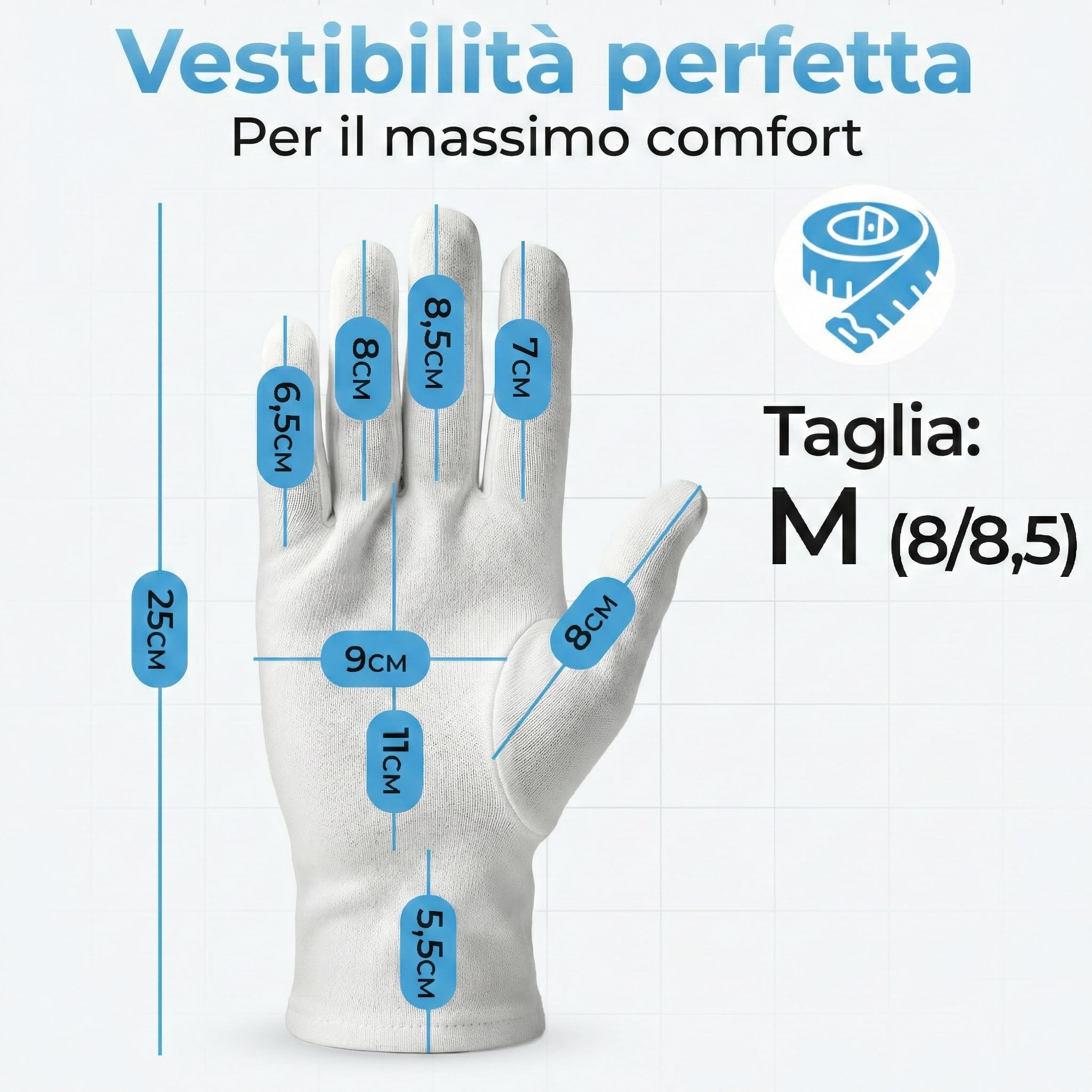 Guanti bianchi in 100% cotone morbido | guanti cosmetici per crema mani, spa, pelle secca | sottili, comodi, riutilizzabili | 3 paia M