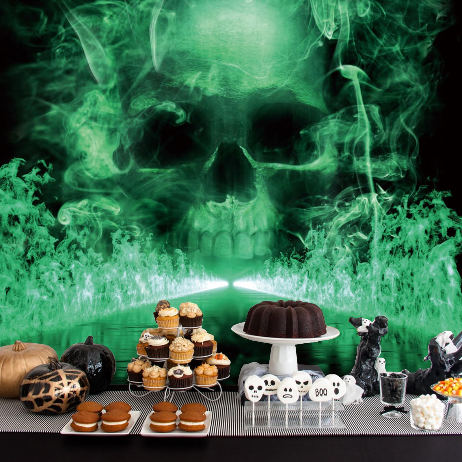 Halloween tło fotografia 3,7 x 2,4 m horror czaszka tematyczne dekoracje imprezowe fajna czaszka fantazja szkielet zielone czarne tło Halloween baner materiały do budki fotograficznej dla dzieci