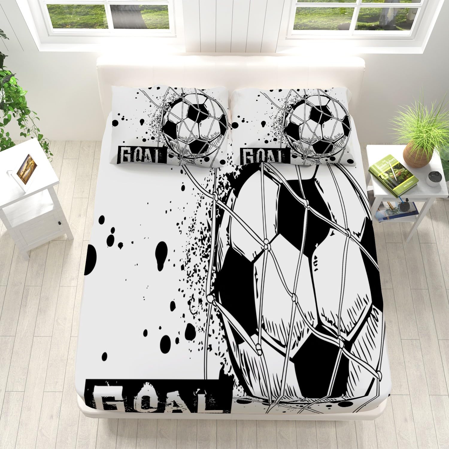 Sábana bajera ajustable para niños, niñas y adolescentes, tamaño individual, 90 x 190 cm, microfibra suave, resistente a la decoloración, con temática de fútbol en blanco y negro, juego de sábanas con