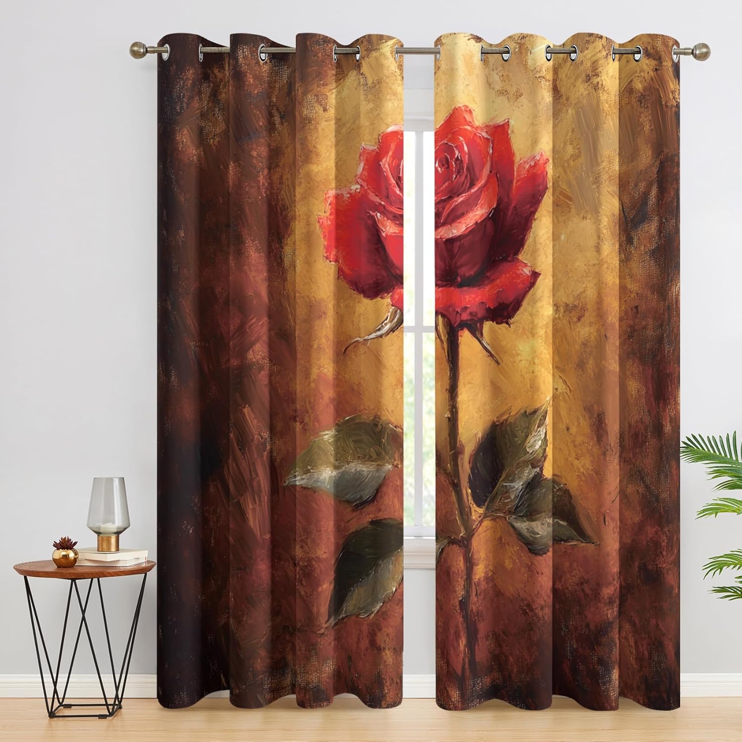 Flower Curtains for Living Room, Red Rose Curtains, Floral Moody Window Treatments, Flower Home Decor Drapes 2 Panel Sets, Grommet Black Out Drapes 84 Inch Long
