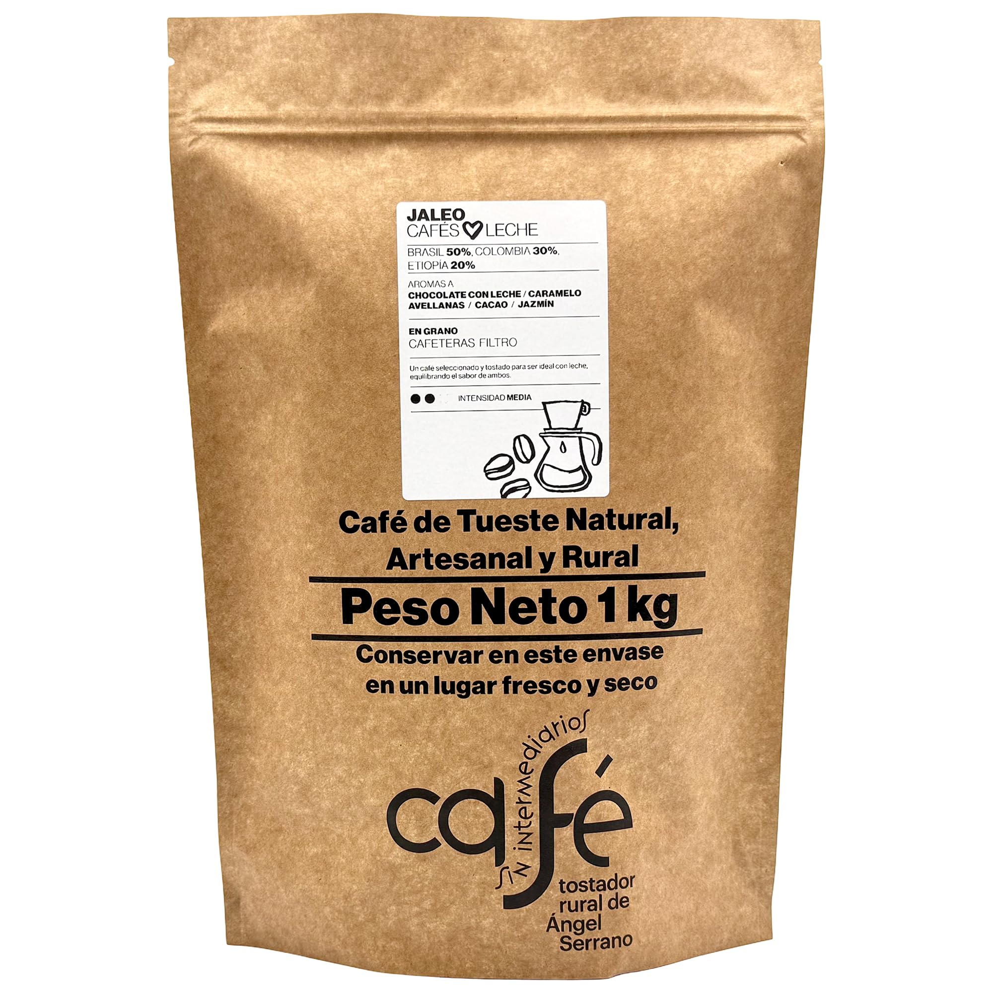 CAFÉ SIN INTERMEDIARIOS - Café de Brasil, Colombia y Etiopía - Jaleo - Ideal para combinar con leche - Intensidad de sabor Media - Recién tostado y envasado - 1 kg MOLIDO para cafeteras Exprés