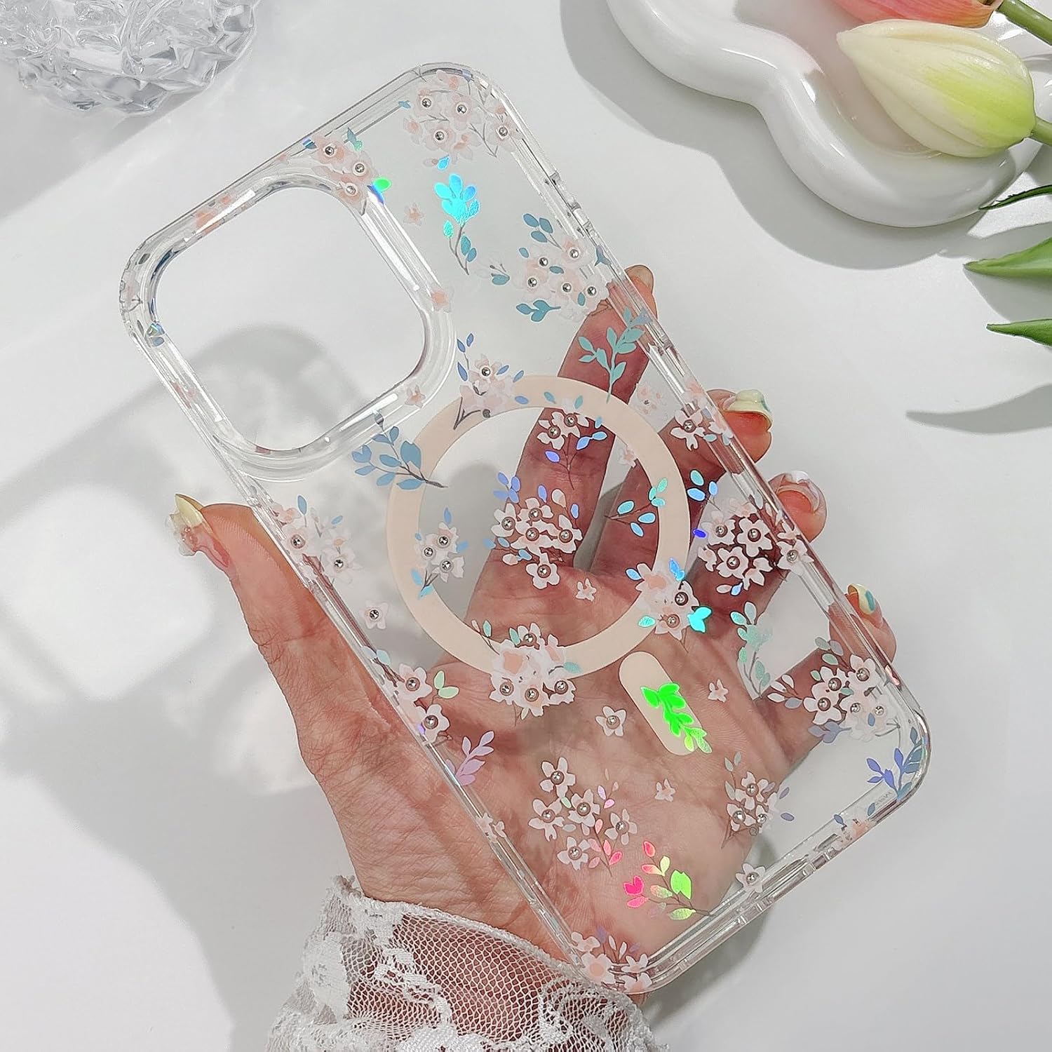 Magnetic for iPhone 15 Pro Case Floral, Cute Luxury Clear Flower Cover for Women Girls Elegant Aesthetic Soft [Compatible with Magsafe] Protective Phone Case for iPhone 15 Pro, Geranium - Image 5