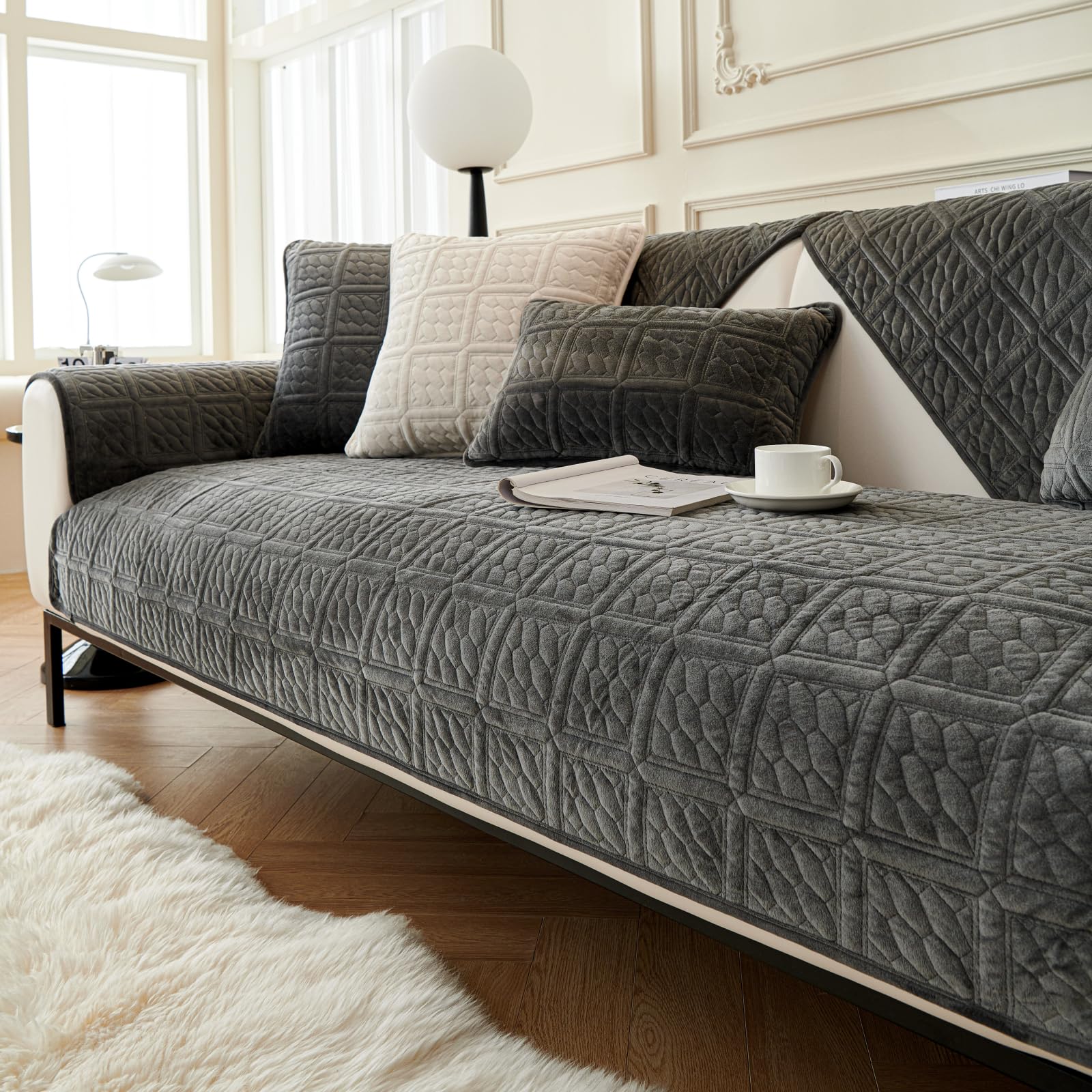 Upgrade Milchsamt Superweiche Sofa Überzug L Form U 1/2/3/4 Sitzer Couch Überzug Ecksofa, Sofabezug Set Universelle Rutschfeste Sofaschoner SofaÜberwurf Schutzdecke für Wohnzimmer(Dunkelgrau110*110cm)