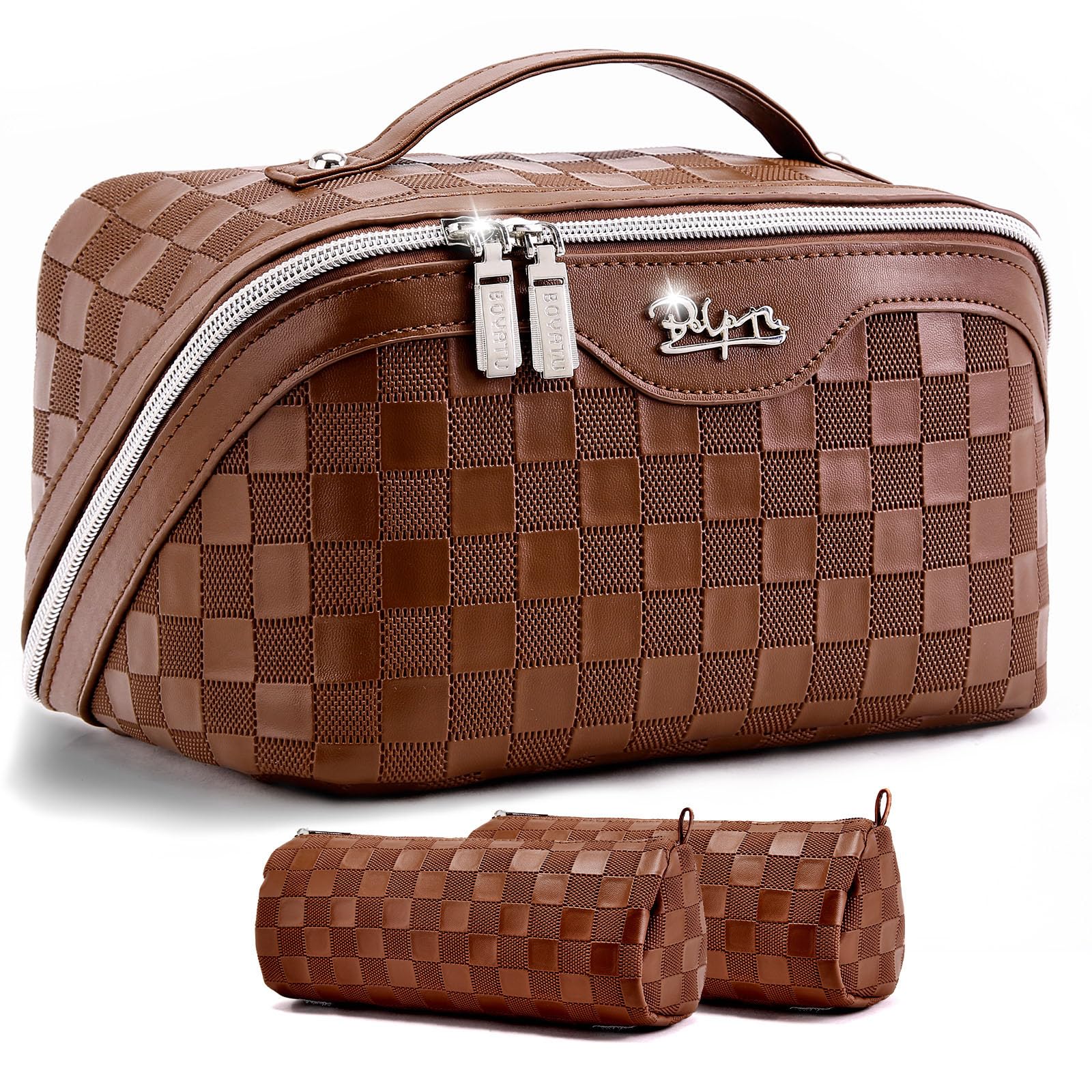 BOYATU Travel Makeup Bag Organizer: 3 Pcs Set Large Capacity Cosmetic Bags Holds 10–20 100ml Full-Size Bottles - 180°Open-Flat Make up Case 3-sec