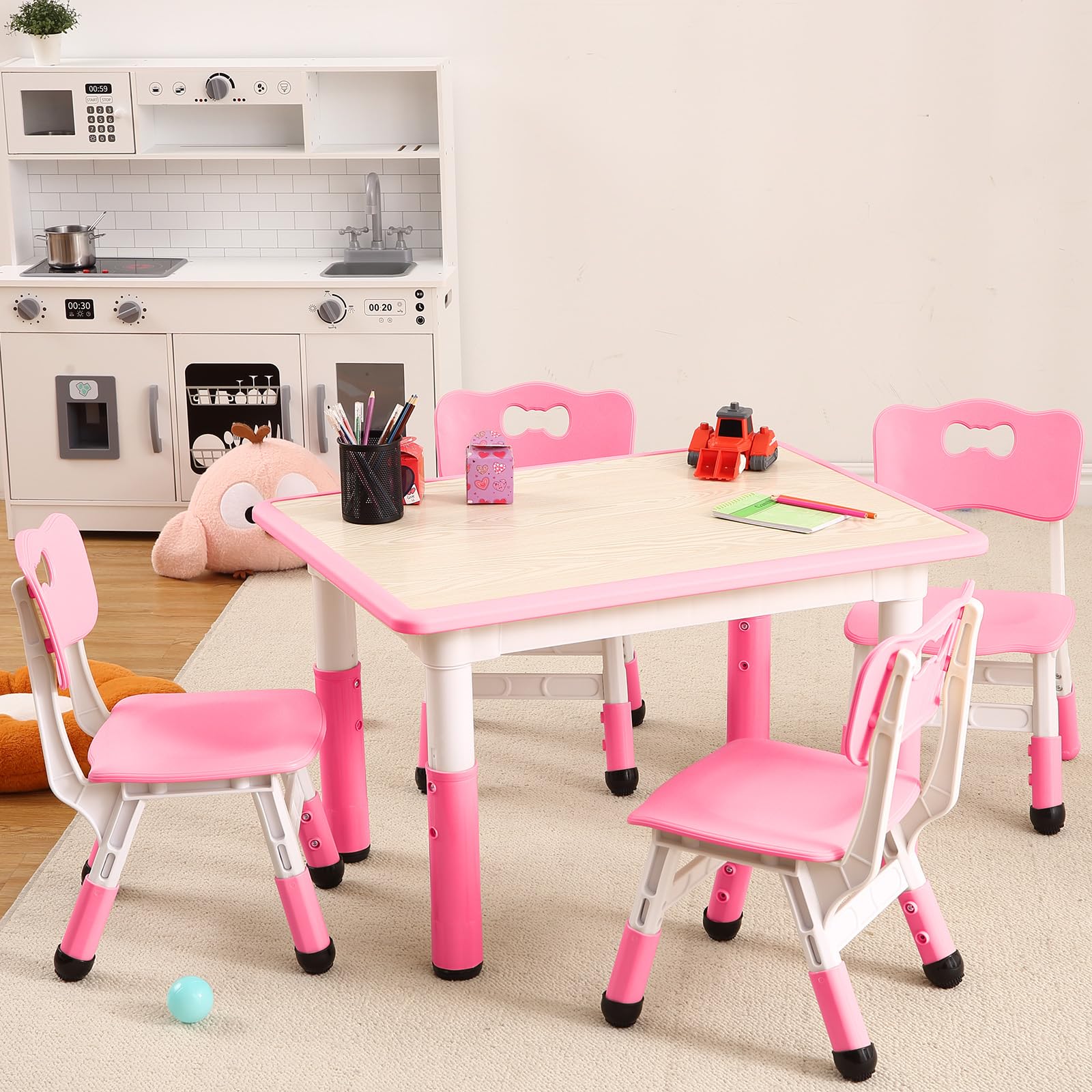 Kids Table and 4 Chairs Set, Height Adjustable Toddler Table and Chair Set with Graffiti Desktop, Easy to Wipe for Classroom Daycare Home, Children Multi-Activity Arts & Crafts Table for Ages 2-8