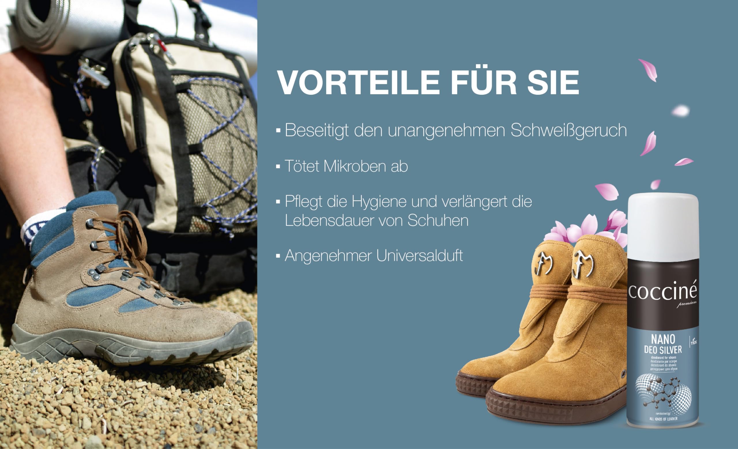 Cocciné - Déodorant Universel pour Chaussures, Spray Nano Argent Anti-Odeurs, Déo Antibactérien pour Chaussures en Cuir, Empêche la Prolifération des Micro-Organismes et des Bactéries