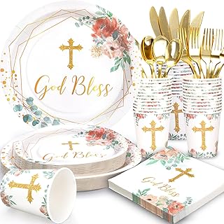 175 PCS Baptism Plates and Napkins Party Supplies - Baptism Decorations for Girls - God Bless Disposable Paper Plates First Communion Plate for Christening Baby Shower Party Decorations