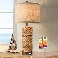 TOBUSA 27" Rattan Seagrass Table Lamp with 2 USB Ports - Rustic Farmhouse Bedroom Nightstand Lamp, Tall Bedside Light E26 Rotary Switch