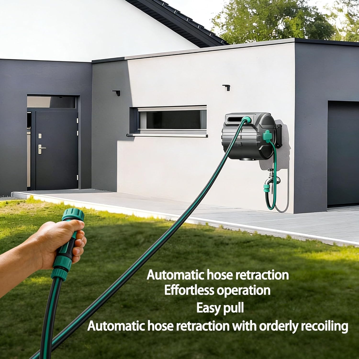 Wall Mounted Hose Reel 180° Swivel Bracket Automatic Retraction Multi Function Nozzle Extendable Water Hose Reel for Garden Outdoor Car Washing Pet Shower(Yellow,17m)