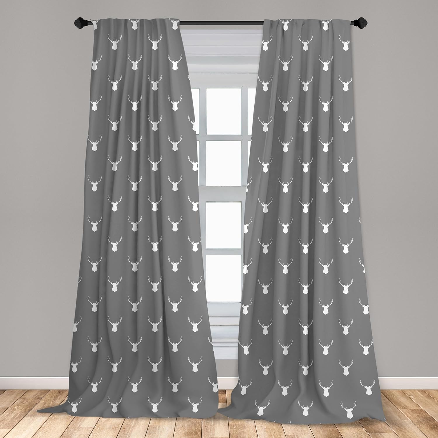 Lunarable Deer Head Window Curtains, Repetitive Faceless Portrayals Nature Winter Time Elements Moose Greyscale, Lightweight Decor 2-Panel Set with Rod Pocket, Pair of - 28" x 63", Dimgray and White