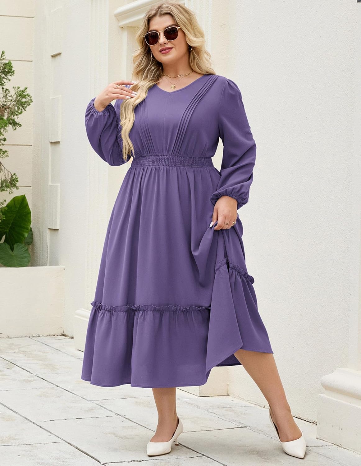 Hanna Nikole Women Plus Size Long Sleeve Casual Dress 2026 Spring V Neck Pleated Flowy Tiered Maxi Dresses with Pockets - Image 6