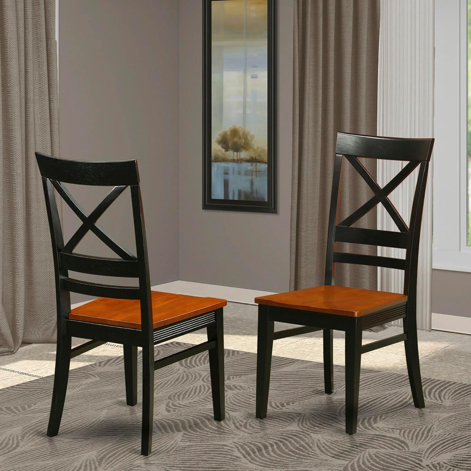 East West Furniture QUC-BLK-W Quincy Kitchen Dining Chairs - Cross Back Wooden Seat Chairs, Set of 2, Black & Cherry