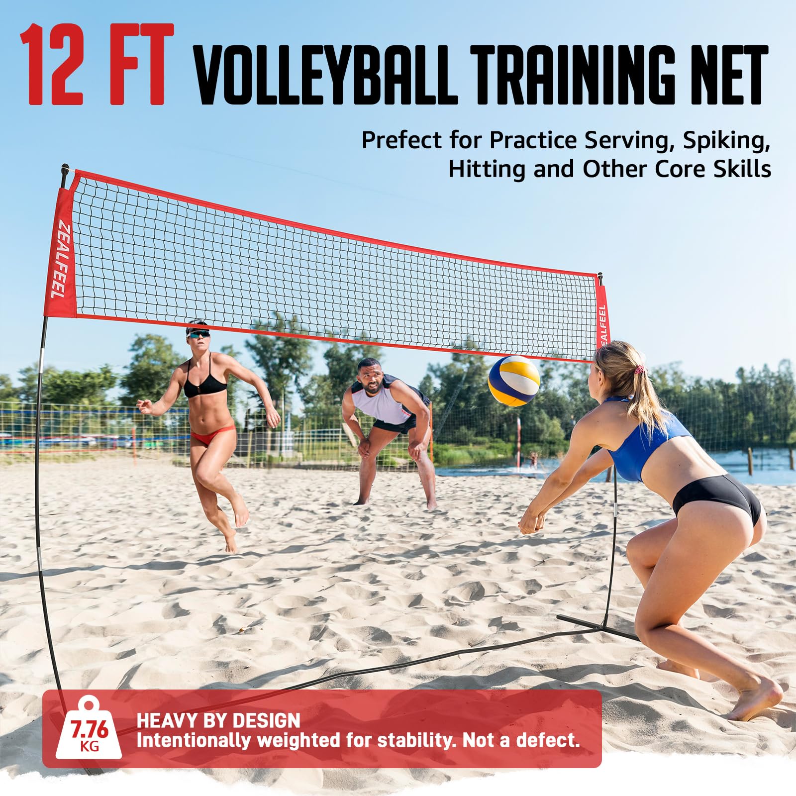 ZEALFEEL Red de Voleibol de Altura Regulable 3,6m/6,1m, Red Voley Portatil de Fácil Instalación con Bolsa de Transporte para Jardín, Playa e Interior