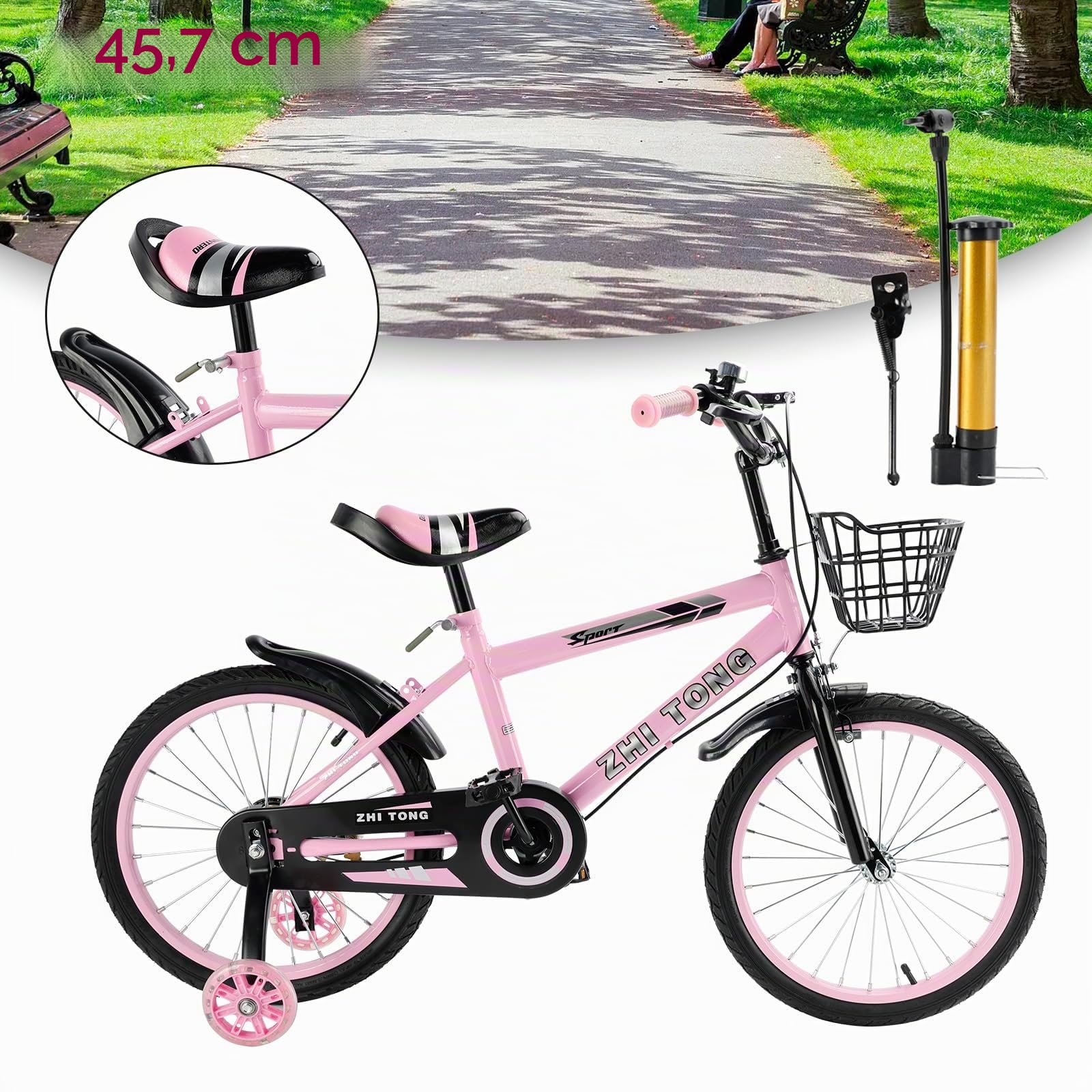Vélo pour enfant 18 pouces, cadre acier carbone, siège guidon réglables, double freins, roues stabilisatrices