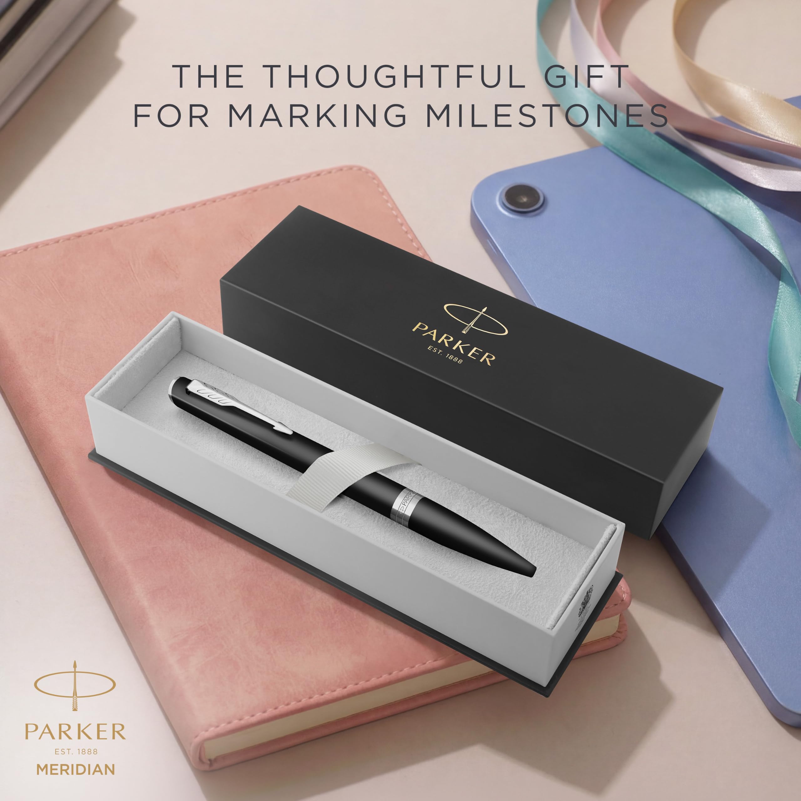 Parker Meridian Kugelschreiber | Mattschwarzer Lack mit Chromleisten | Mittlere Spitze | Schönschreibfüller & Journaling Zubehör | Blaue Tinte | Luxus-Geschenkbox
