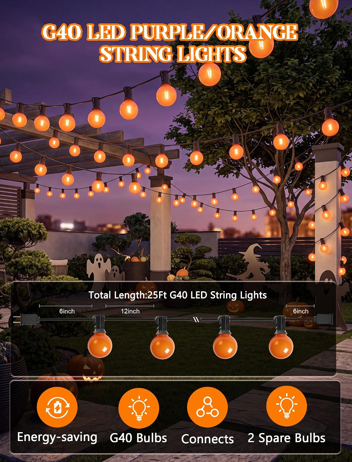 25Ft LED Outdoor Halloween Decorations Lights, 25 G40 Orange Globe Bulbs image 2