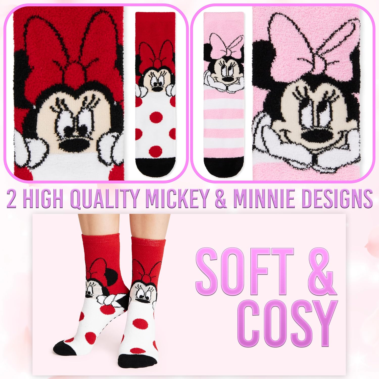 Disney Slippers Socks for Women & Teens US Size 4-9, Pack of 2 Non Slip Fleece Winter Socks, Soft & Fluffy, Gifts for Her - Image 4