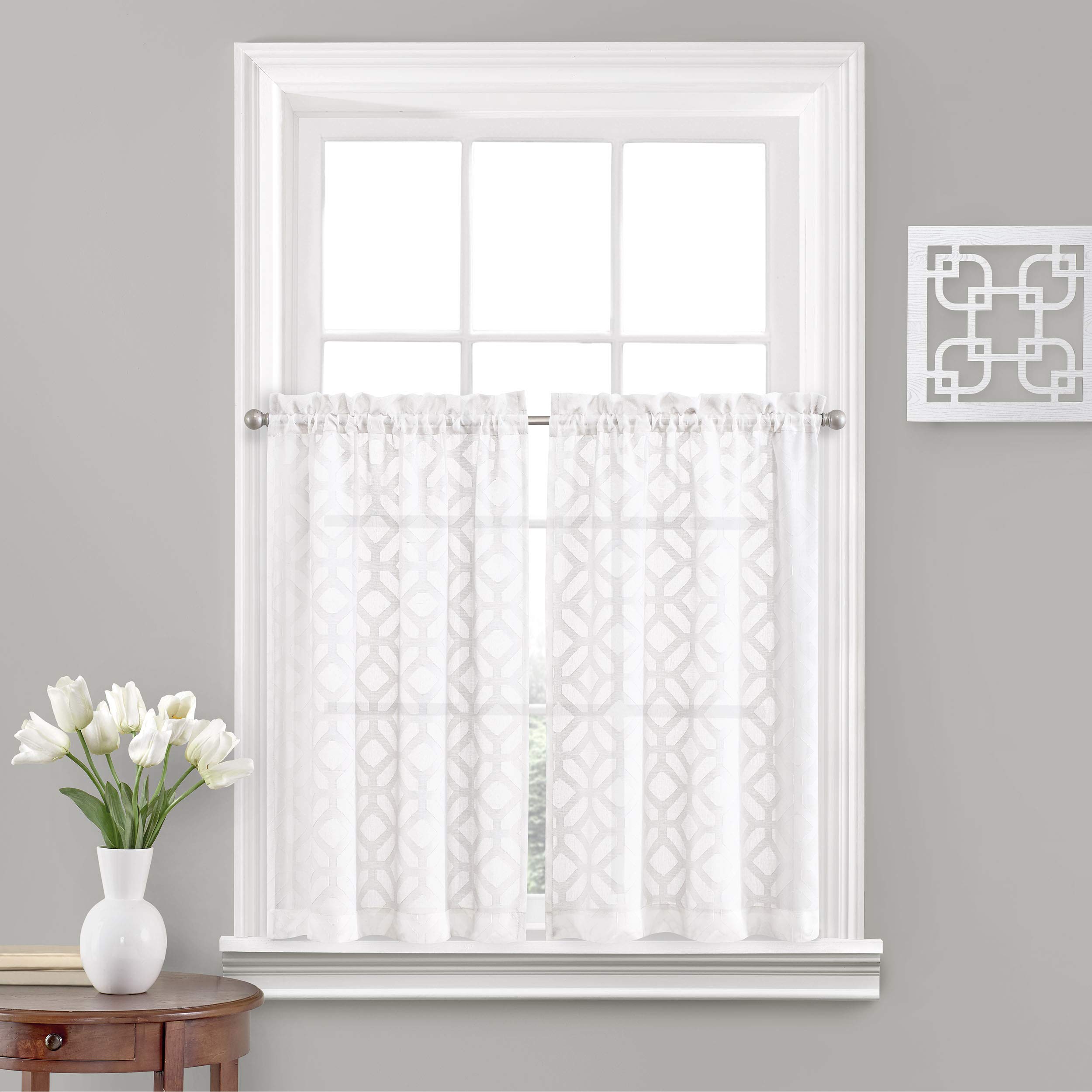 VUE Trellis Clip Small Panel Tiers Privacy Window Treatment Pair Bathroom, Living Room, 52" x 36", White