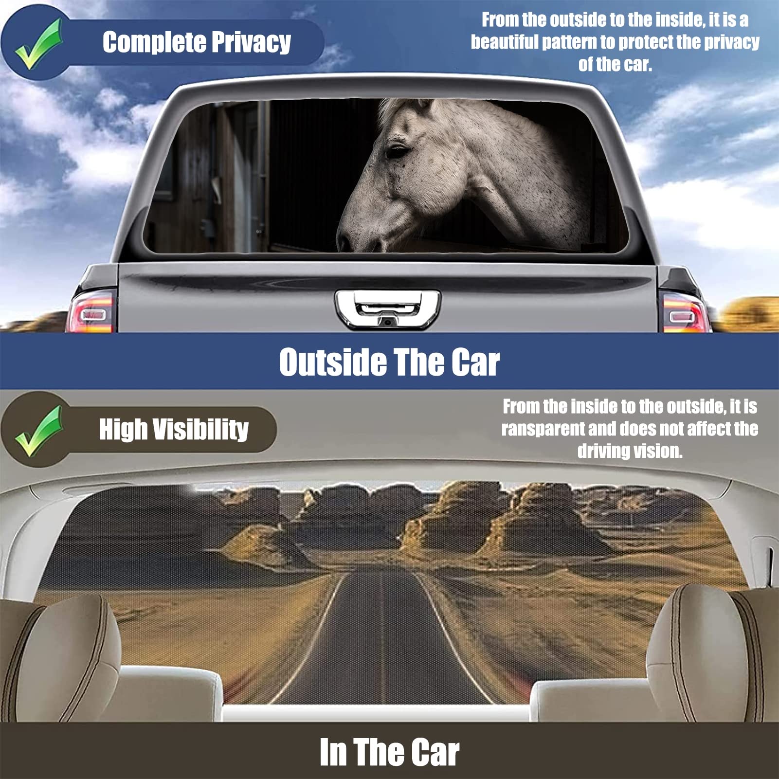 WOKEZ Finestra Posteriore a Cavallo di Destra Truck Decal Truck Finestra Posteriore Decal Wrap Graphic Perforato Vedi Attraverso Universal per camioncini SUV,58x18 inch