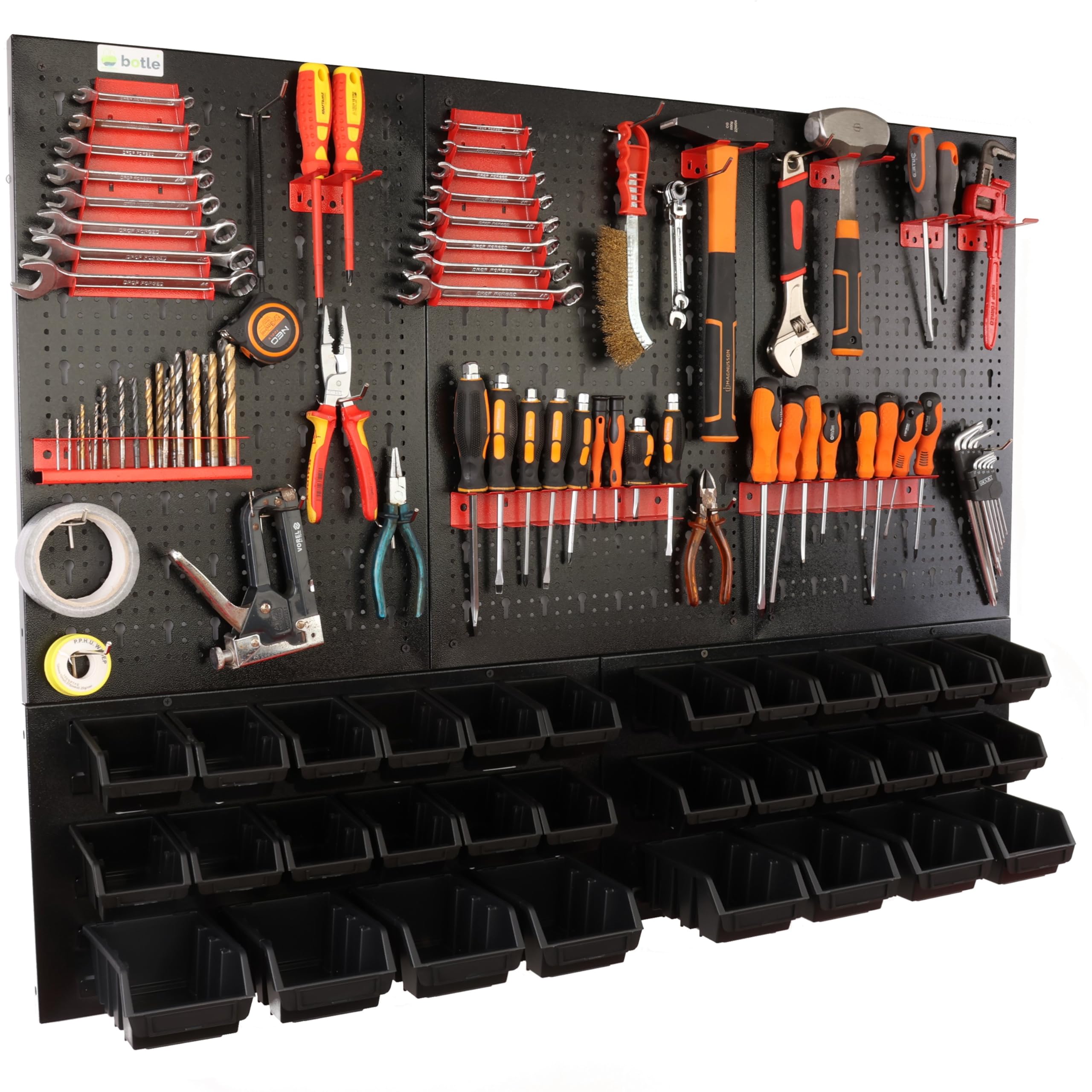 botle Pared perforada de metal, cajas apilables + estante de pared + soporte para herramientas, juego de 59 piezas, almacenamiento de piezas pequeñas, taller de pared con 32 recipientes negros