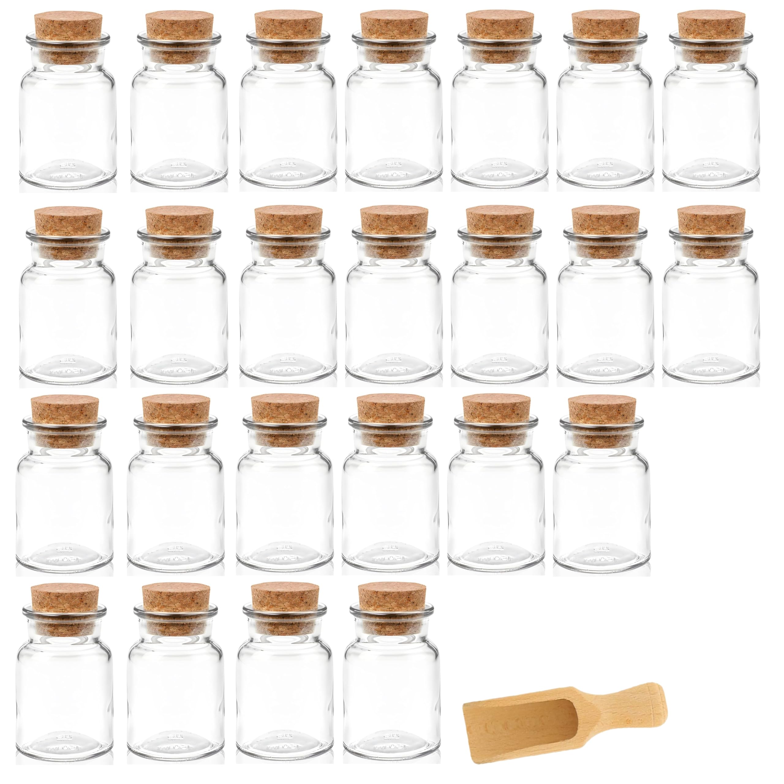 mikken 24 Gewürzgläser 150ml mit Korken – runde Glasbehälter mit Kork-Verschluss inkl. Holzschaufel – Vorratsgläser für Gewürze, Kräuter & Deko (24)