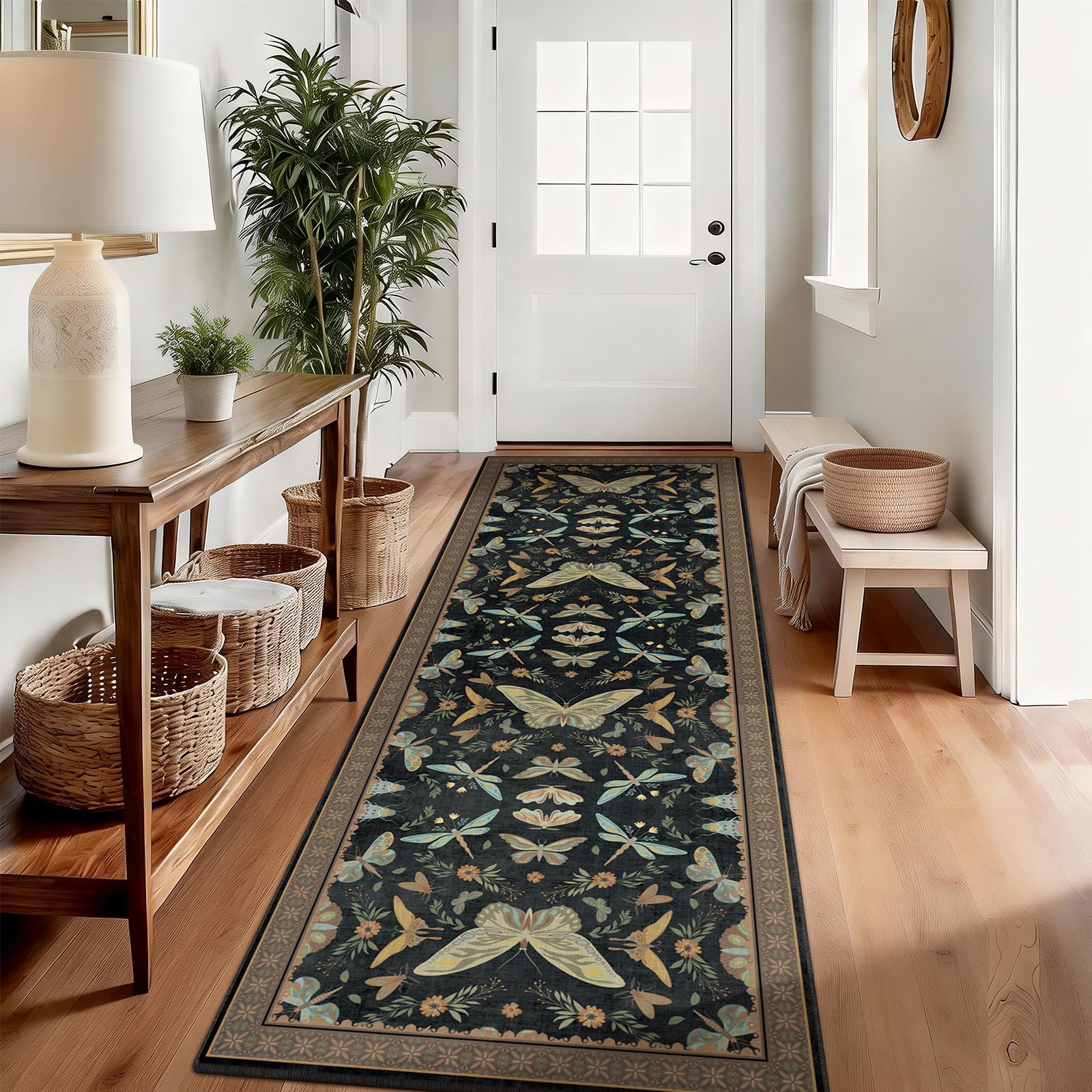 SOANNY Runner Rug for Hallway, 80x300 cm Extra Long Butterfly Low Pile Carpet, Non Slip Washable Area Mat for Bedroom Dorm Teen Kitchen Entryway Utility Beside Sofa Office, Black Brown — image 1