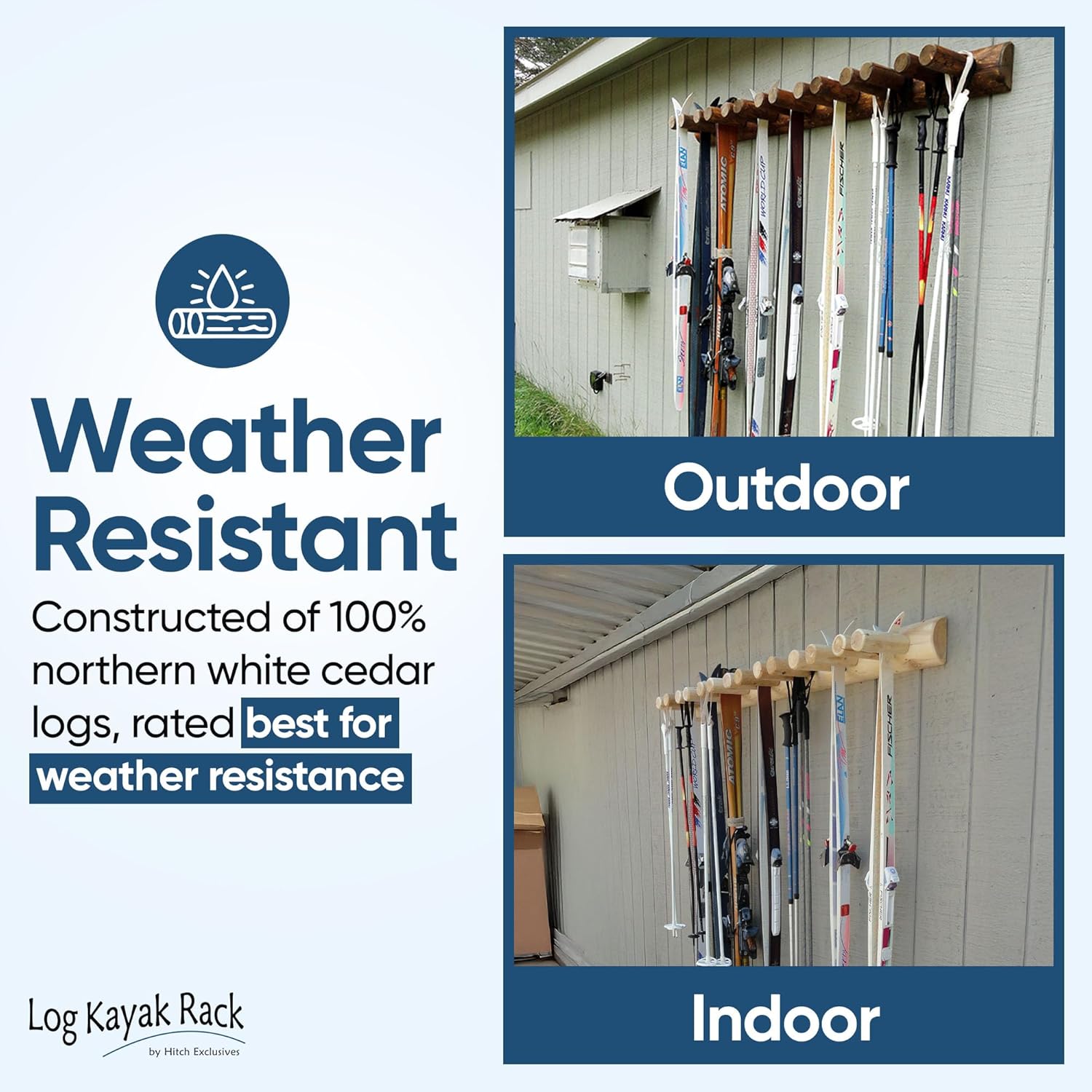 14-Place Log Ski Rack Wall Mount, Indoor Ski Storage Rack for Garage Organizers, Wooden Skis Wall Mount Storage Racks, Pole Skis Sports Racks, Garage Organization Walls - Unfinished