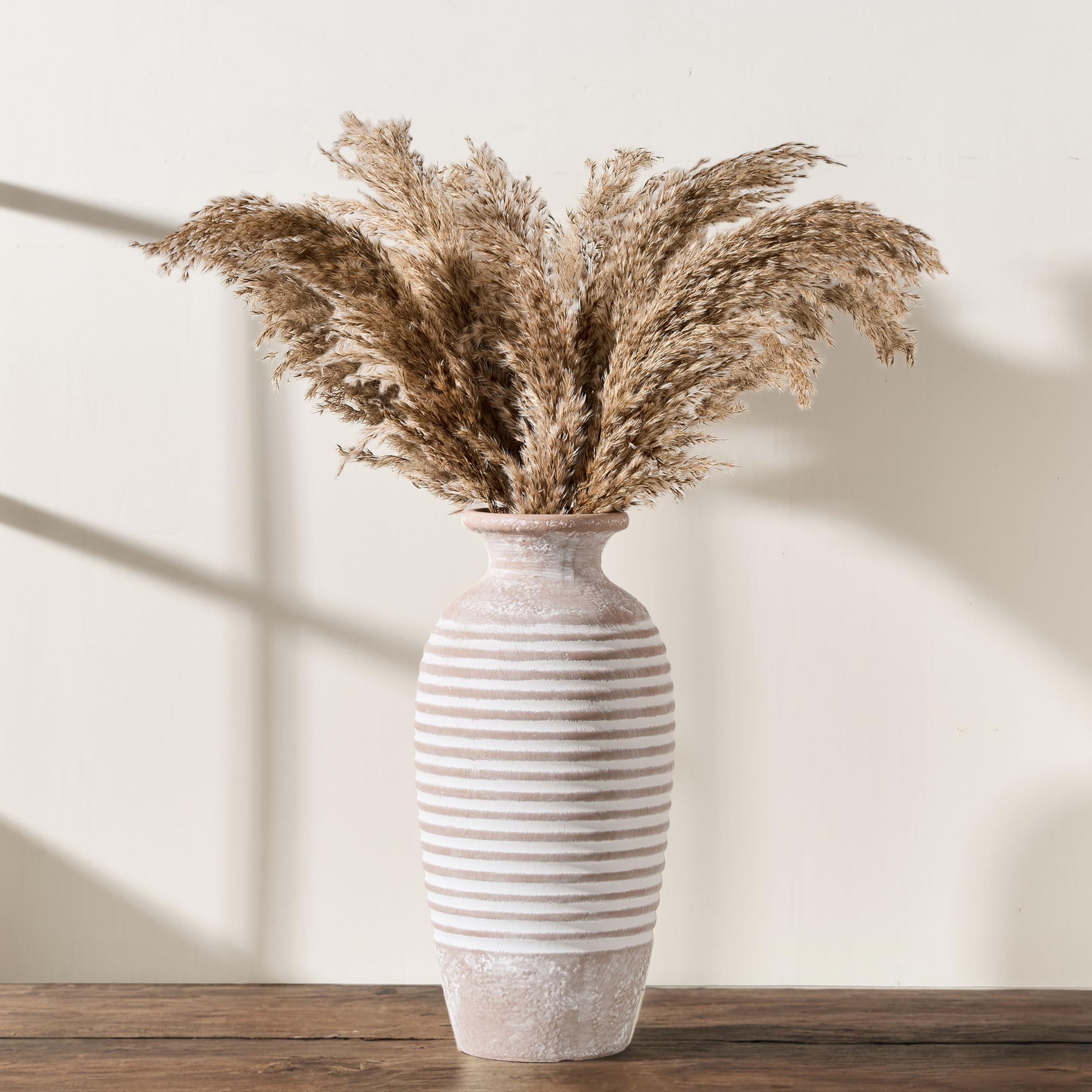 Vaseking Ceramic Rustic Vase, 14.4 Inch Large Vintage Flower | Threaded Decorative Farmhouse Tall Vase for Home Decor, Living Room, Shelf Decor, Wedding Housewarming Gift, Khaki