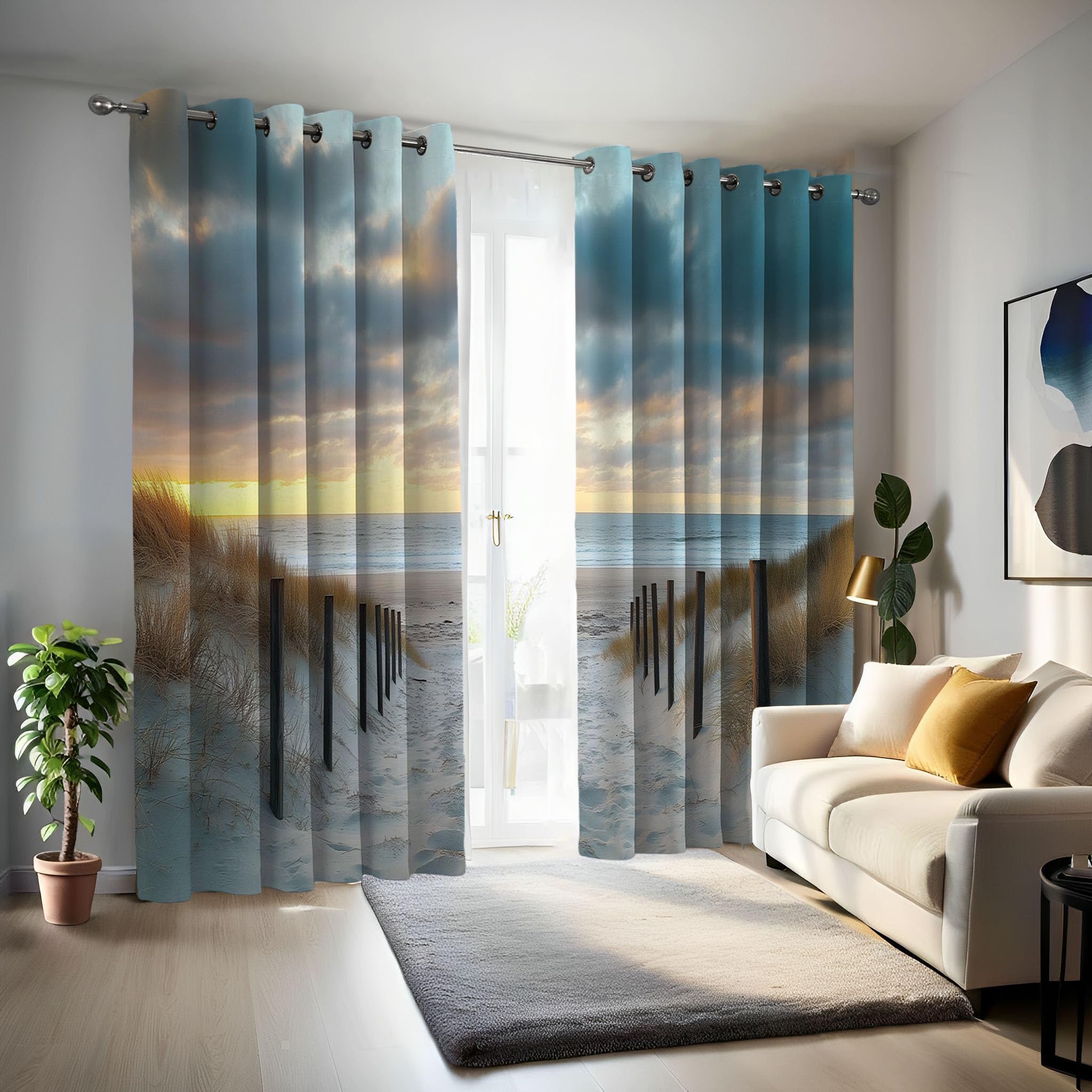 Vorhang Blickdicht Vorhänge Verdunkelungsvorhang,Ruhiger Strand Gardinen Mit Ösen Wohnzimmer Schlafzimmer,Natur Sonnenuntergang Thermovorhang 3D H 214 x B 132 cm Ösenschal 2Er Set