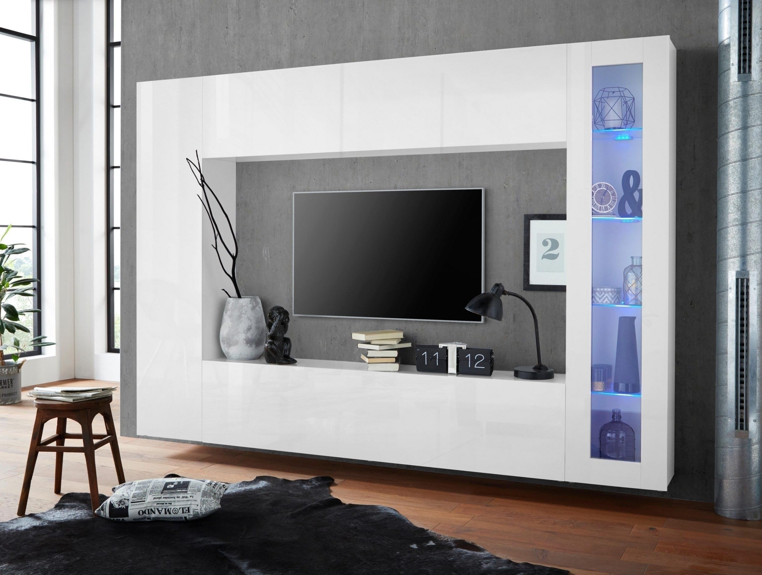 möbelando Vitrine >Benevent< Moderne Vitrine, aus melaminharzbeschichteter Spanplatte, in Weiß Hochglanz, mit 1 Glastür, 4 Glaseinlegeböden - 40x180x30cm (BxHxT), Made in Italy