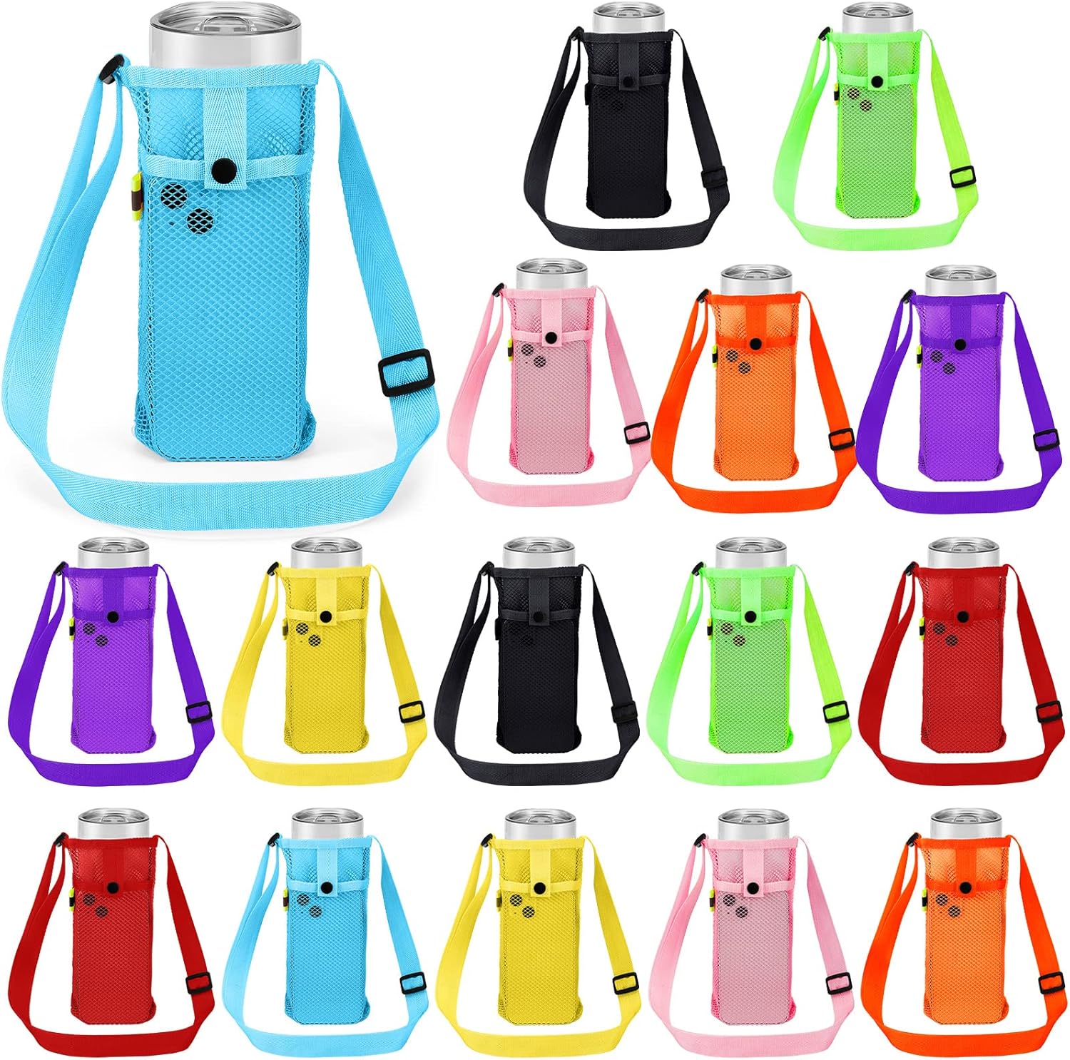 Mumufy Water Bottle Sling Holder with Adjustable Strap Mesh Tumbler Carrier Crossbody Bottle Sleeve with Pouch for Sport