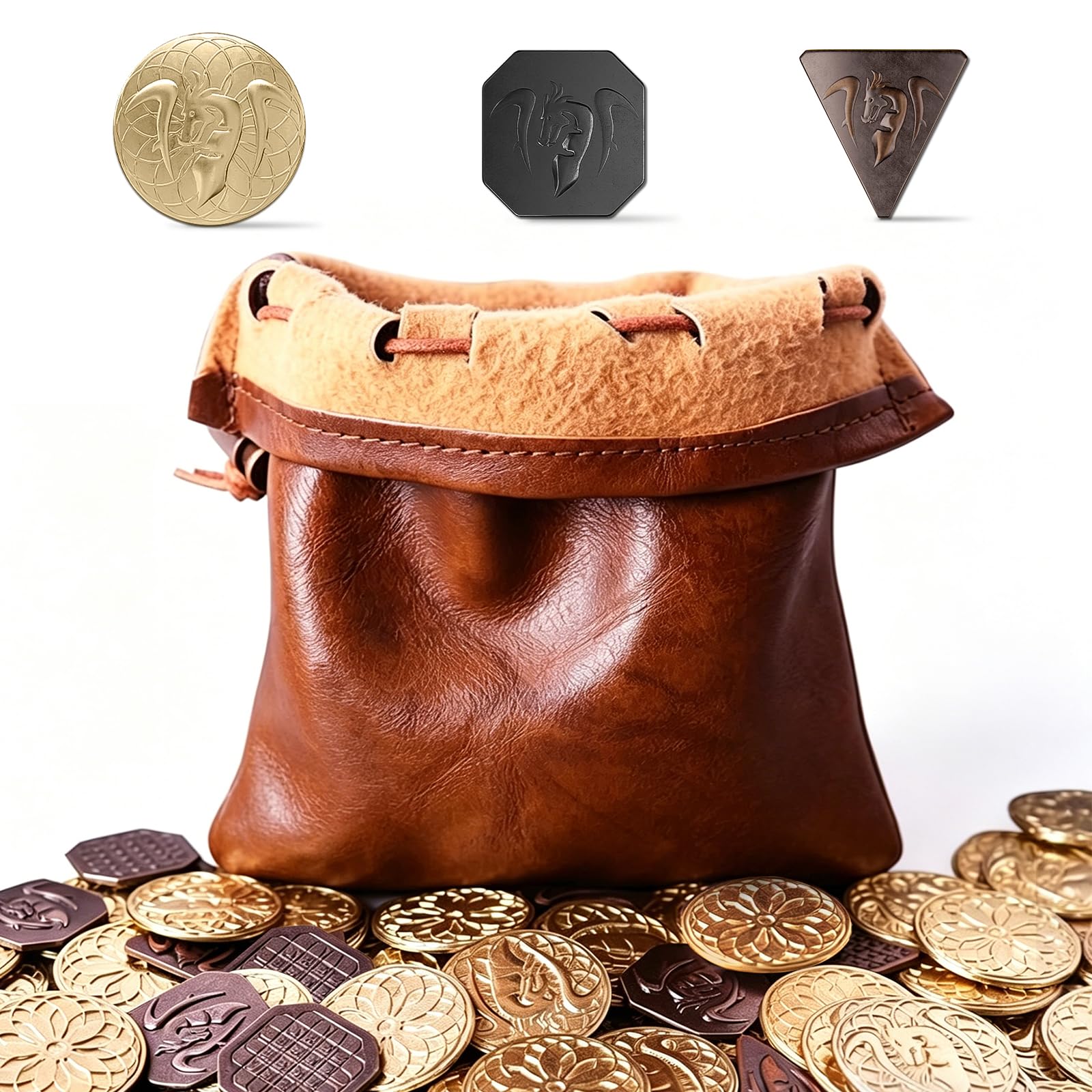 Byhoo 70 pezzi in metallo e Borse in Pelle MDN, di cui 30 monete d'oro, 20 monete d'argento e 20 pezzi di rame, parti di Gioco da tavolo