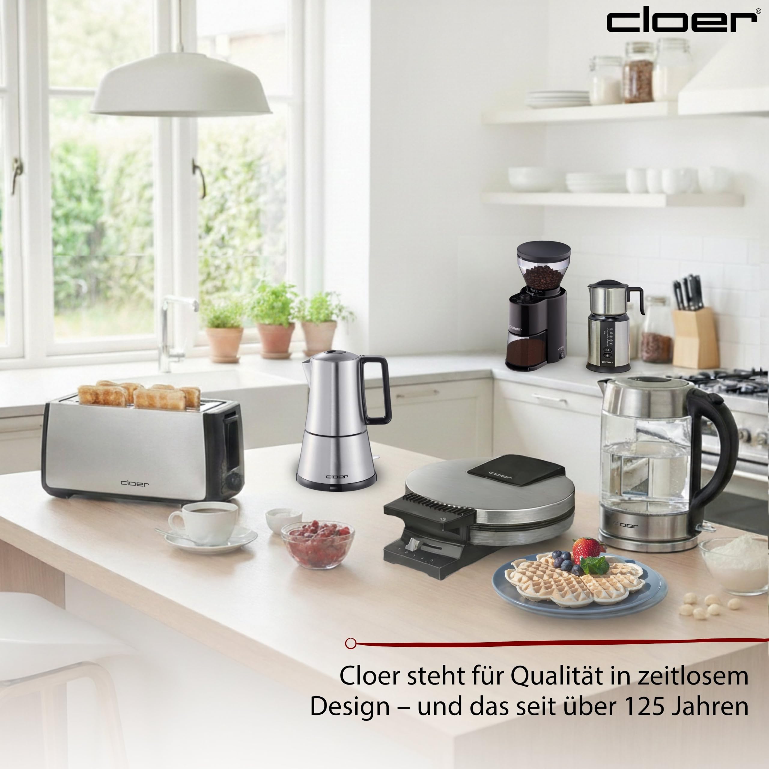 Cloer 5918 Moka Maker, elektrischer Espressokocher für 3-4 Tassen, Edelstahleinsatz, Sicherheitsabschaltung, Sicherheitsventil, An-/Ausschalter, Edelstahl, 365 W