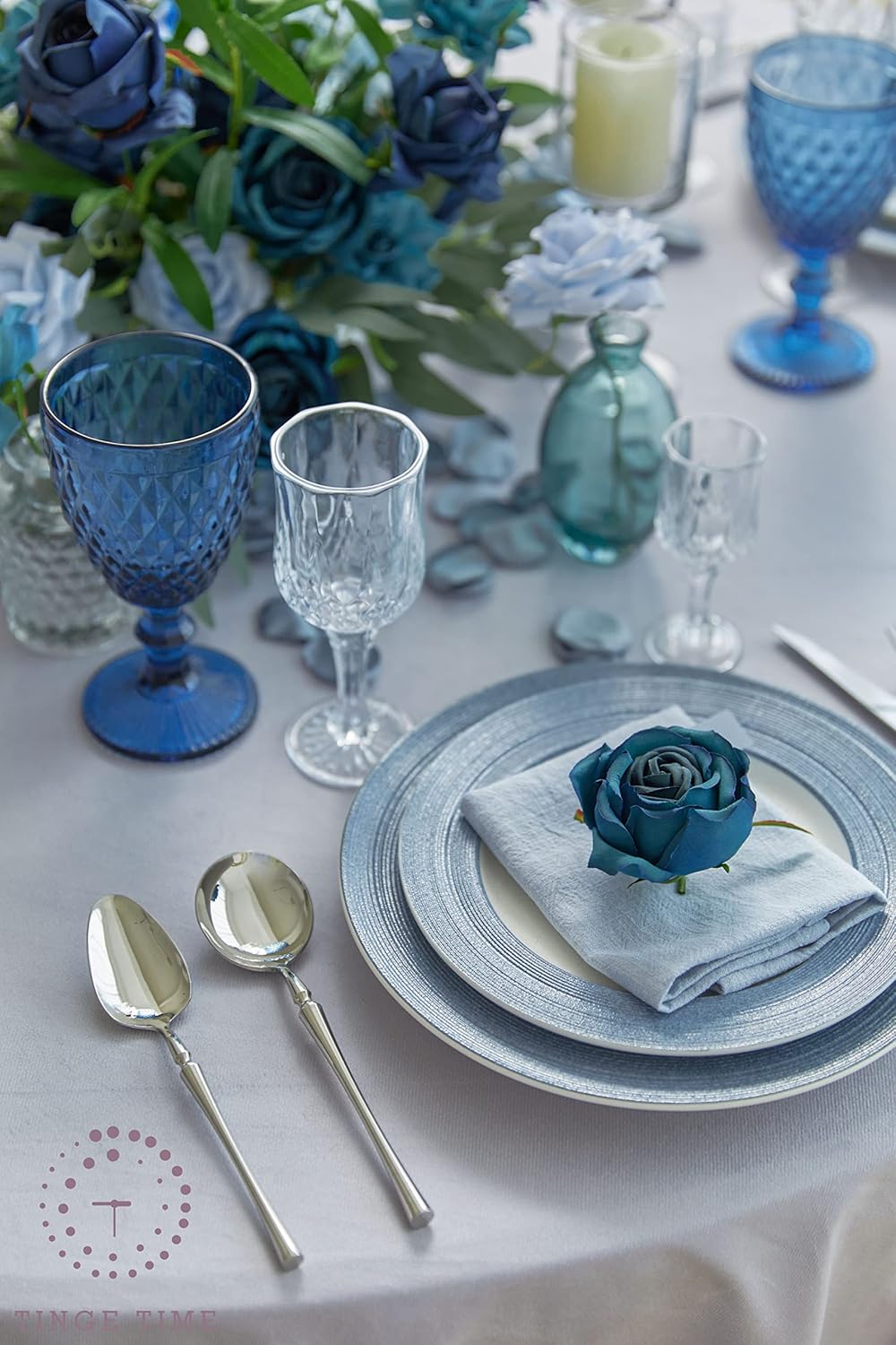 TINGE TIME Artificial Flowers, 25pcs Real Looking Dusty Blue Rose Fake Roses w/Stem for DIY Wedding Bouquets Centerpieces Arrangements Party Baby Shower Home Decorations