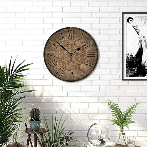 Miniatura 5 de Reloj de pared de madera de estilo vintage, mapa del viejo mundo, 15 pulgadas, moderno, redondo, de madera, silencioso, funciona con pilas, estilo