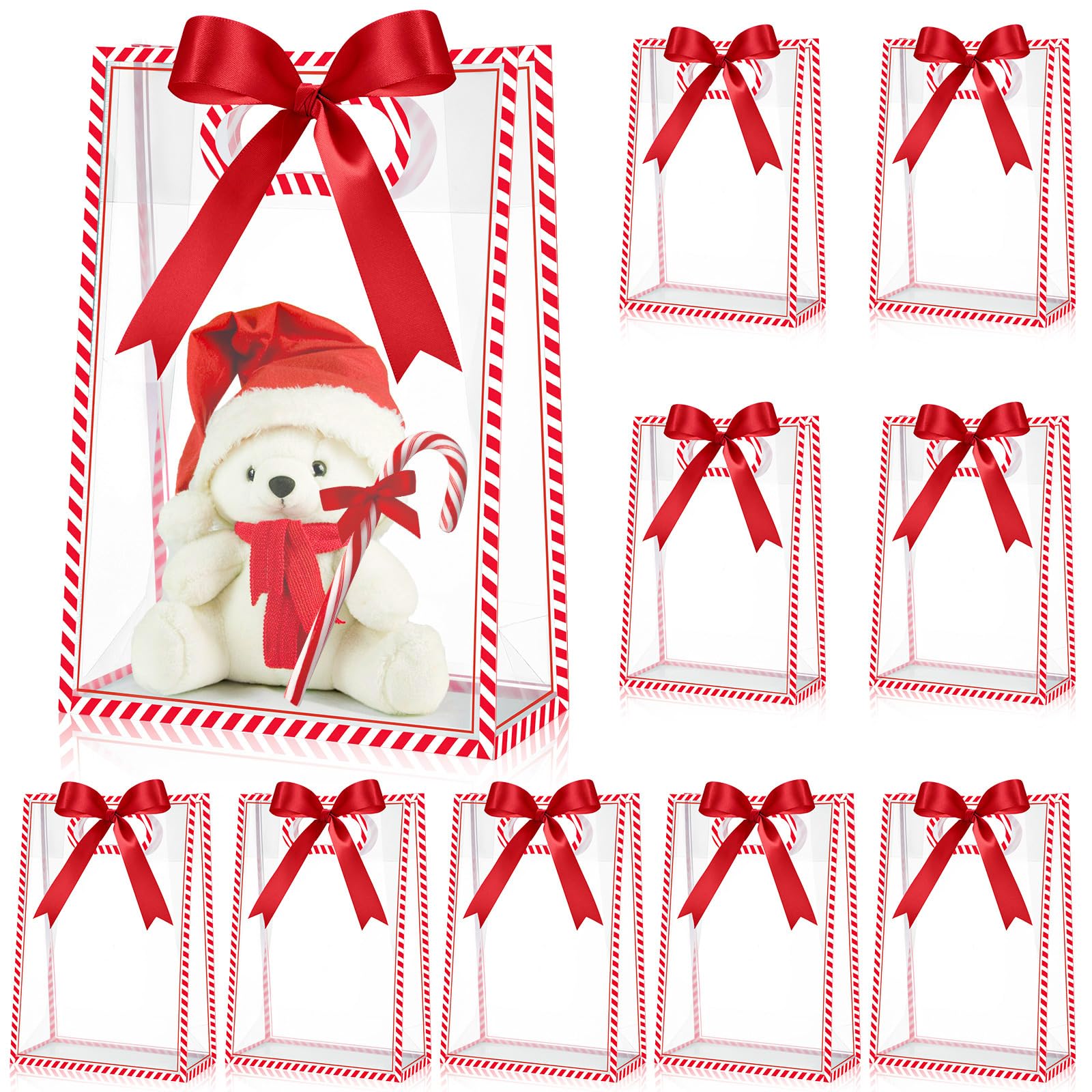 Aliceset 12 Pcs Clear Plastic Gift Bag with Die Cut Handles Reusable PP Favor Bag with Ribbon for Fall Halloween Wedding Bridal Birthday Baby Shower Party Small Business, 7x10x3.15 Inch(Red White)