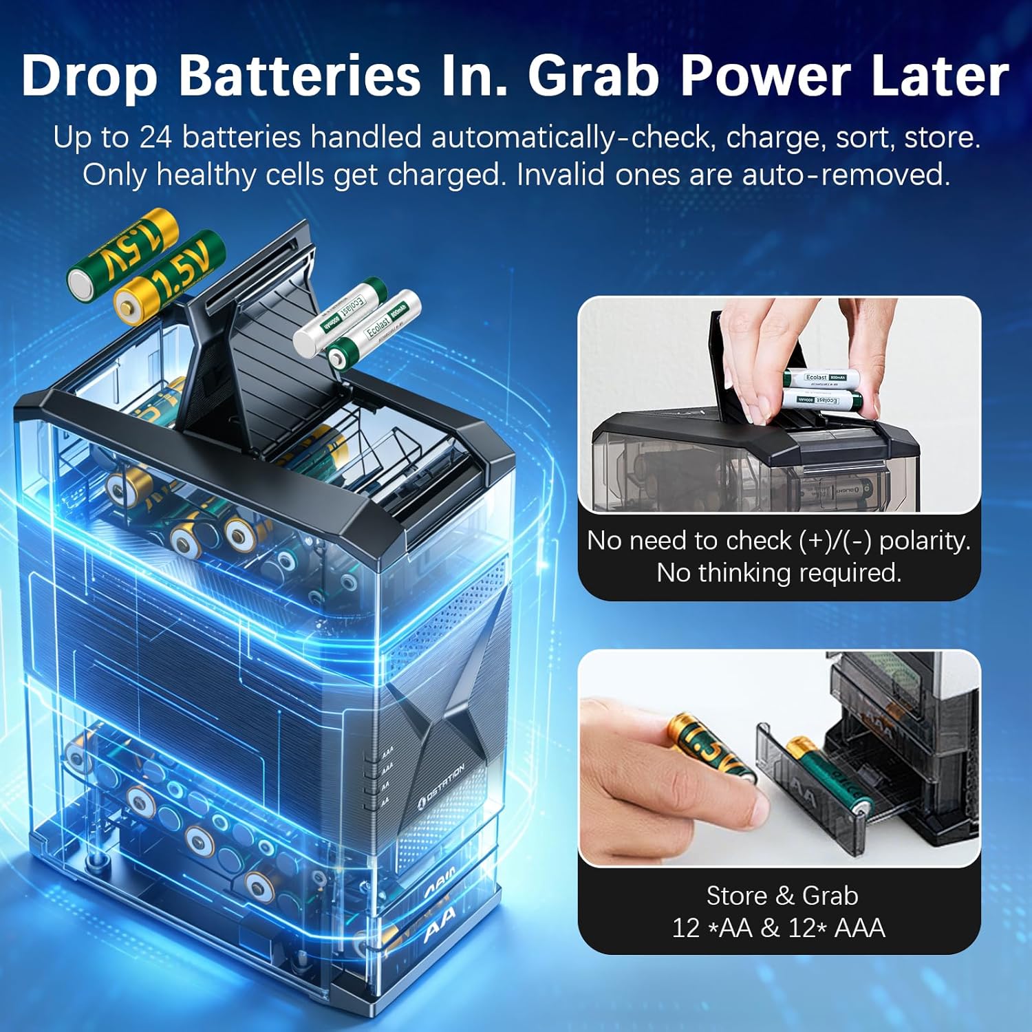 Ostation 2 Smart Battery Charger for AA & AAA NiMH, Ecolast Li-ion Rechargeable Batteries, Non-Polarized Design, Intelligent Detection, Fast Charge with App Monitoring & LED Indicators (Charger Only)