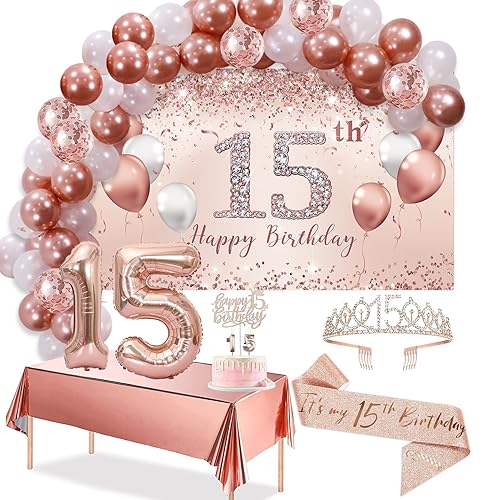 Trgowaul 15th Birthday Decorations - Rose Gold Arch, Banner, Tablecloth, Tiara, 60 Pink Gold Balloons and Cake Top