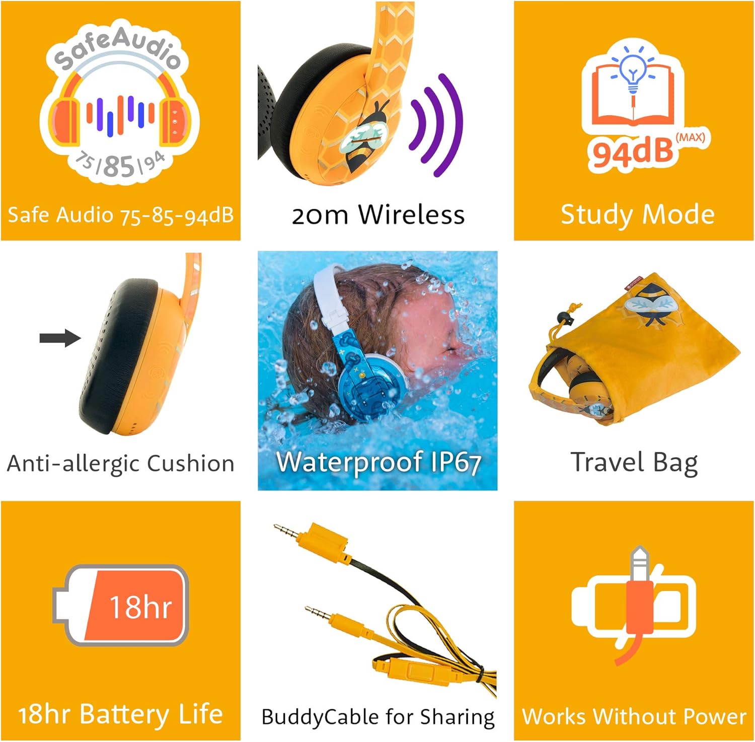 Review Discount ONANOFF BuddyPhones Wave, Waterproof Wireless Bluetooth Volume-Limiting Kids Headphones, 18-Hour Battery Life, 4 Volume Settings, Built-in Microphone, Backup Cable for Sharing, Pink with Hardcase