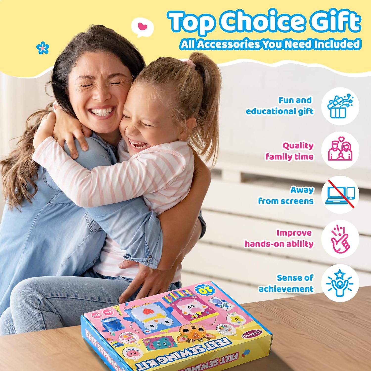 Funtopia Felt Sewing Crafts for Kids Ages 4-12, 10 Easy DIY Projects Kids Sewing Kit with Tutorial, Learn to Sew Plush Pillow Hanging Organizer Handbag, Beginner Sew Toys and Birthday Gift for Girls