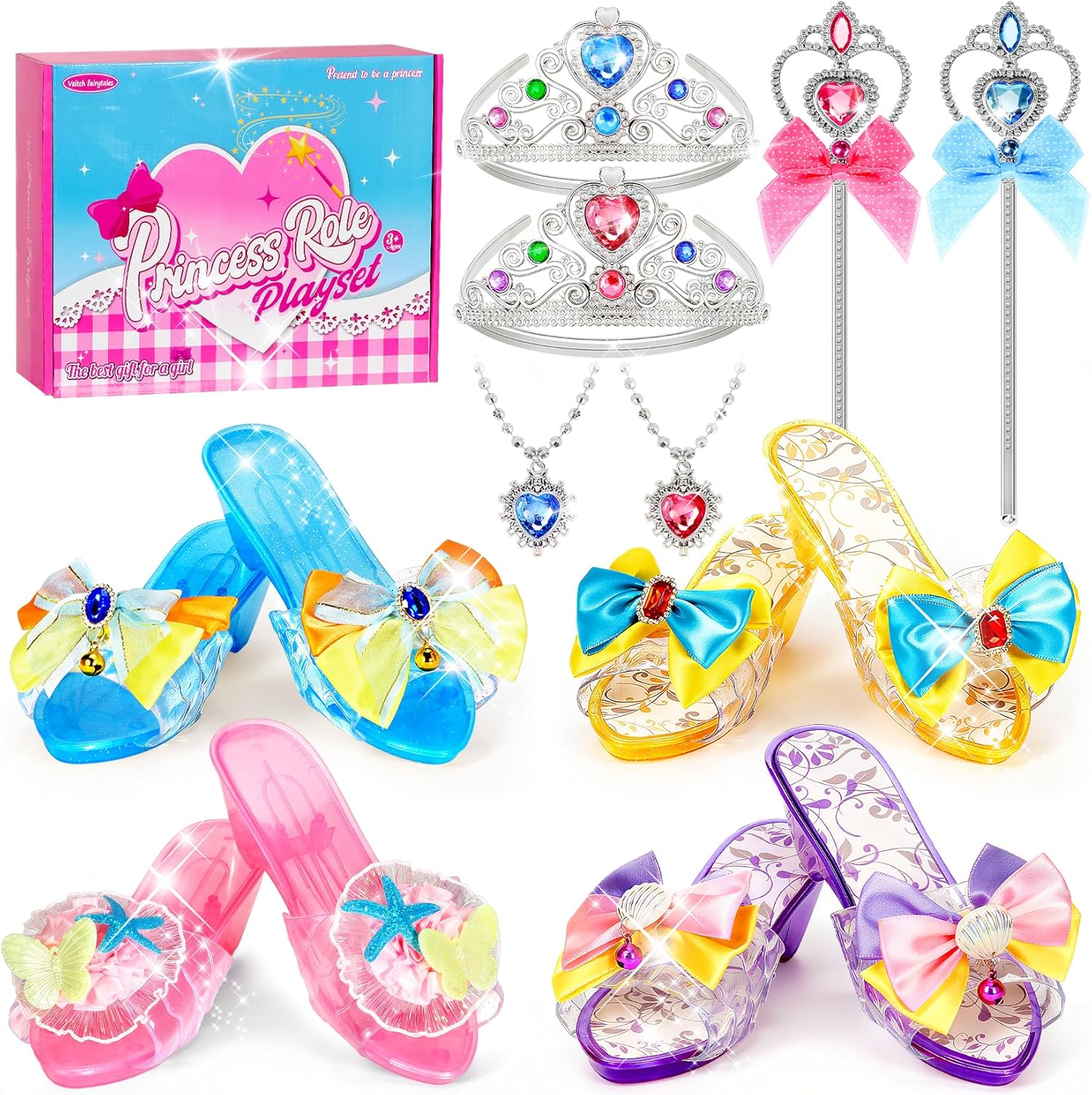 Princess Dress Up Shoes Set, Toddler Princess Shoes for Girls, Pretend Play Dress Up Toys with Princess Necklace, Crown and Wand Set for Little Girls Gift Aged 3-6 Years Old