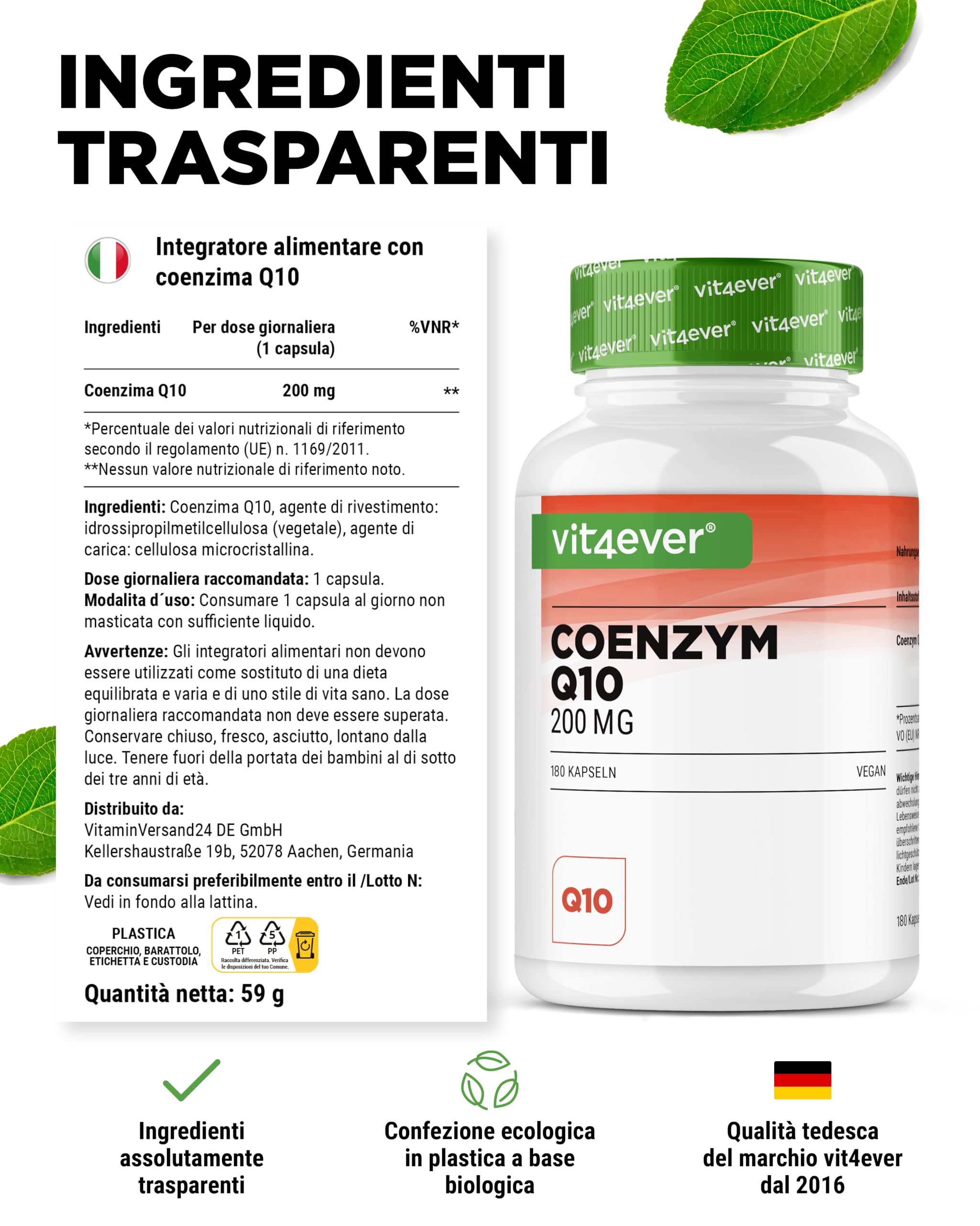 Coenzima Q10 con 200 mg per capsula - 180 capsule vegane - scorta per 6 mesi - Q10 di alta qualità - alto dosaggio, senza additivi inutili