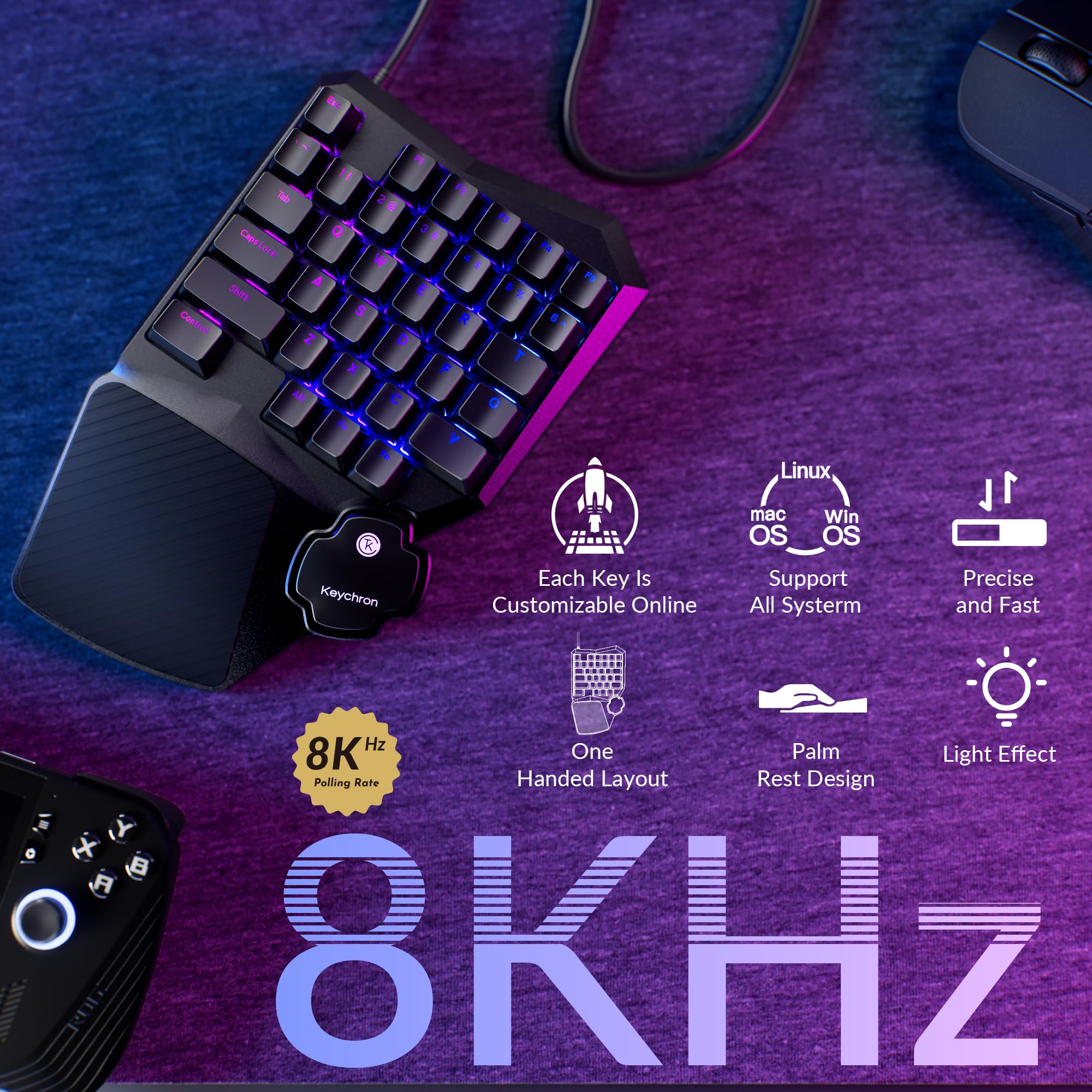 Keychron C0 HE 8K - Tastiera da gioco cablata con una sola mano, interruttori magnetici effetto Hall, scatto rapido, 35 tasti programmabili, frequenza di campionamento 8000 Hz, illuminazione RGB per