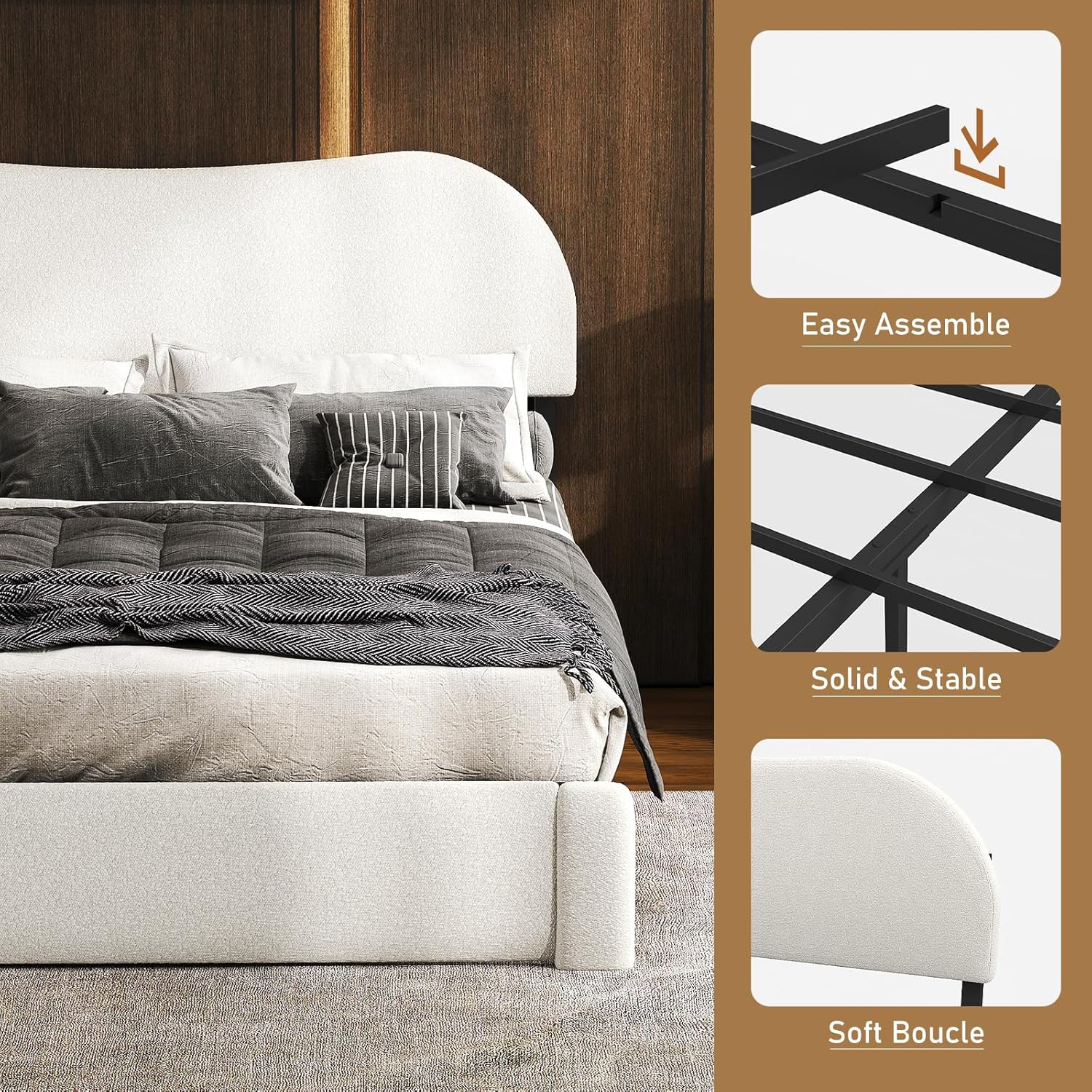 Diagram showing the easy assembly process with interlocking metal frame parts and a close-up of the soft boucle fabric.