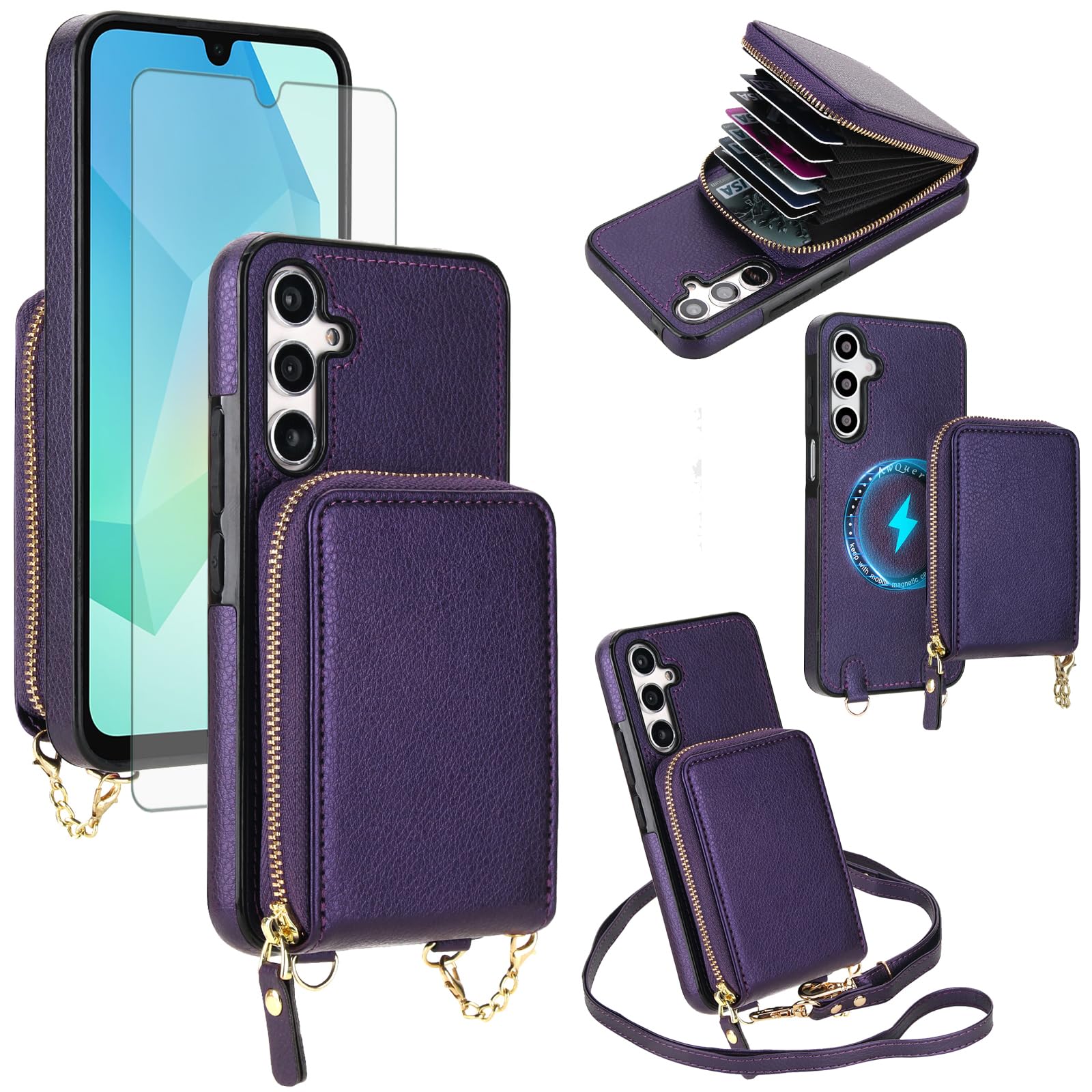Asuwish Custodia per telefono per Samsung Galaxy A17/A26 5G 2 in 1 Custodia magnetica a portafoglio con pellicola protettiva per lo schermo, tracolla con blocco RFID, porta carte di credito A 17 26