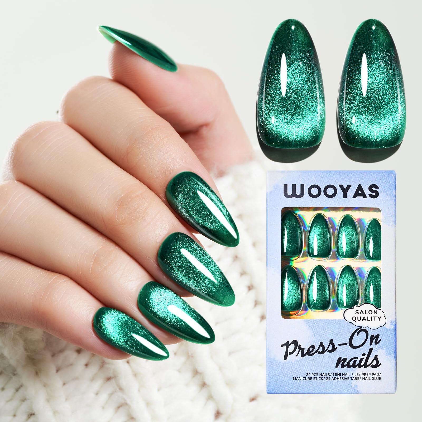 Cat Eye Press on Nails, Forest Green Shimmer Almond Medium Handmade Fake Nails, Glossy Salon Perfect Magnetic Gel Nails in 12 Sizes - 24 Pcs False Nails Kit for Women Girls