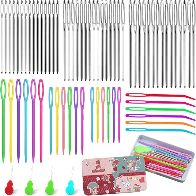 UOOU 73 Pcs Yarn Needles Set, Large Eye Plastic Sewing Needles, Large Eye Blunt Darning Needles, Sewing Needles with Threaders for Crocheting, Sewing, Knitting