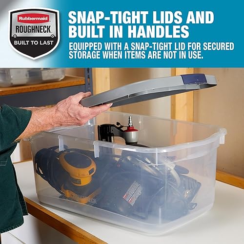 Miniatura 9 de Rubbermaid Roughneck - Contenedores de almacenamiento transparentes de 50 cuartos de galón  12 galones, paquete de 5 con tapas grises con pestillo,